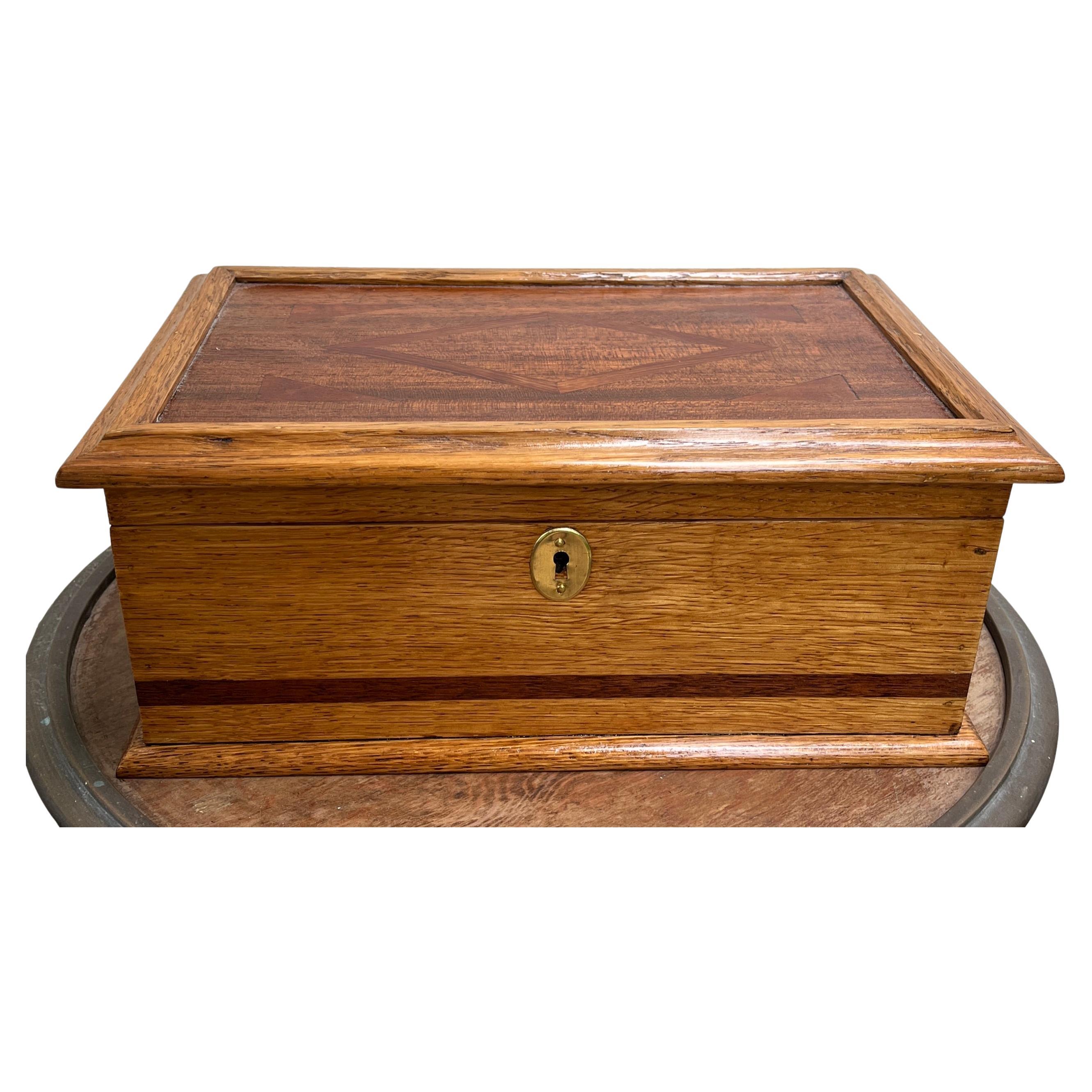 Arts and Crafts Solid Oak Arts & Crafts Box with Decorative Brass and Mirror circa 1910s For Sale