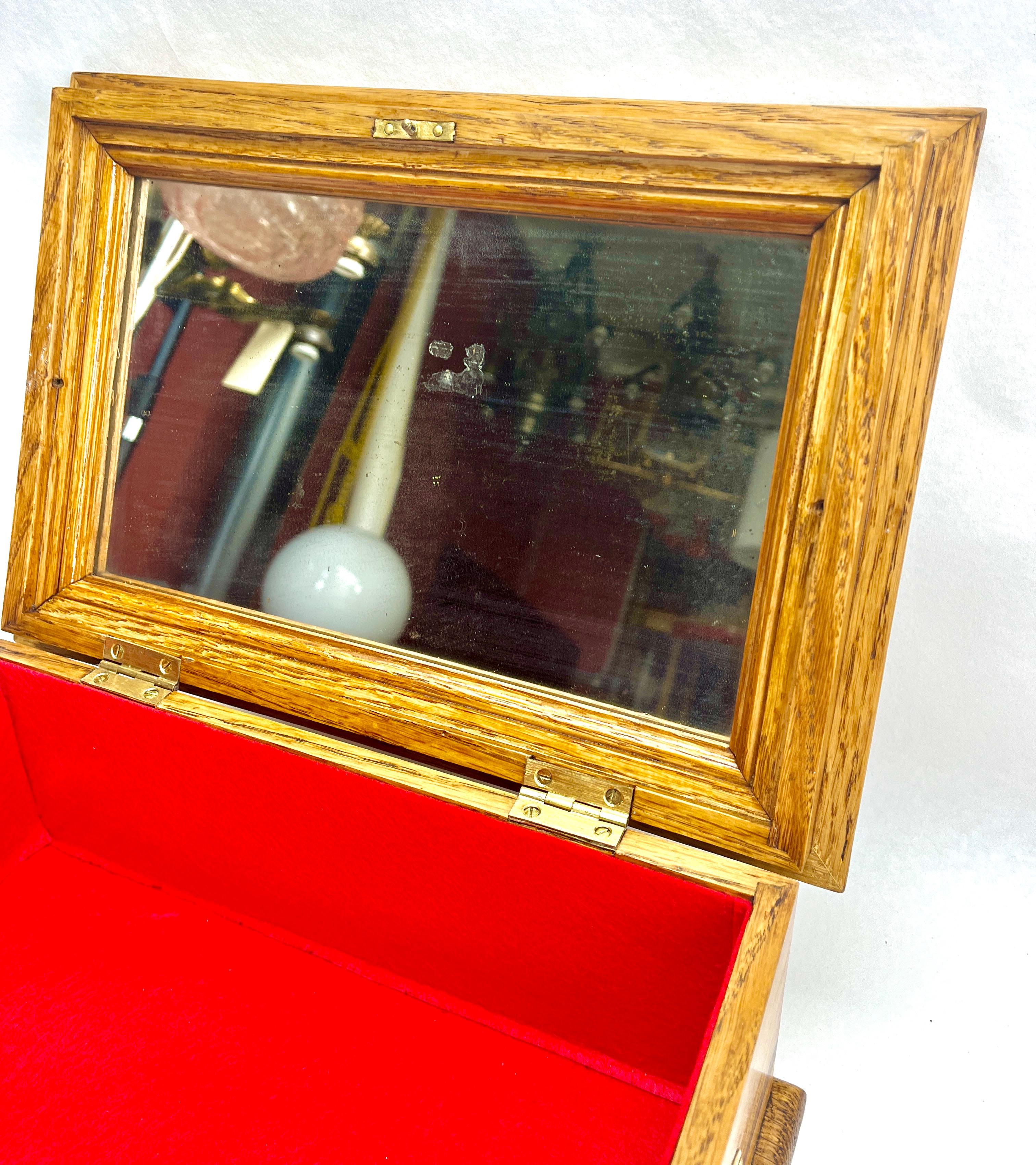 Austrian Solid Oak Arts & Crafts Box with Decorative Brass and Mirror circa 1910s For Sale