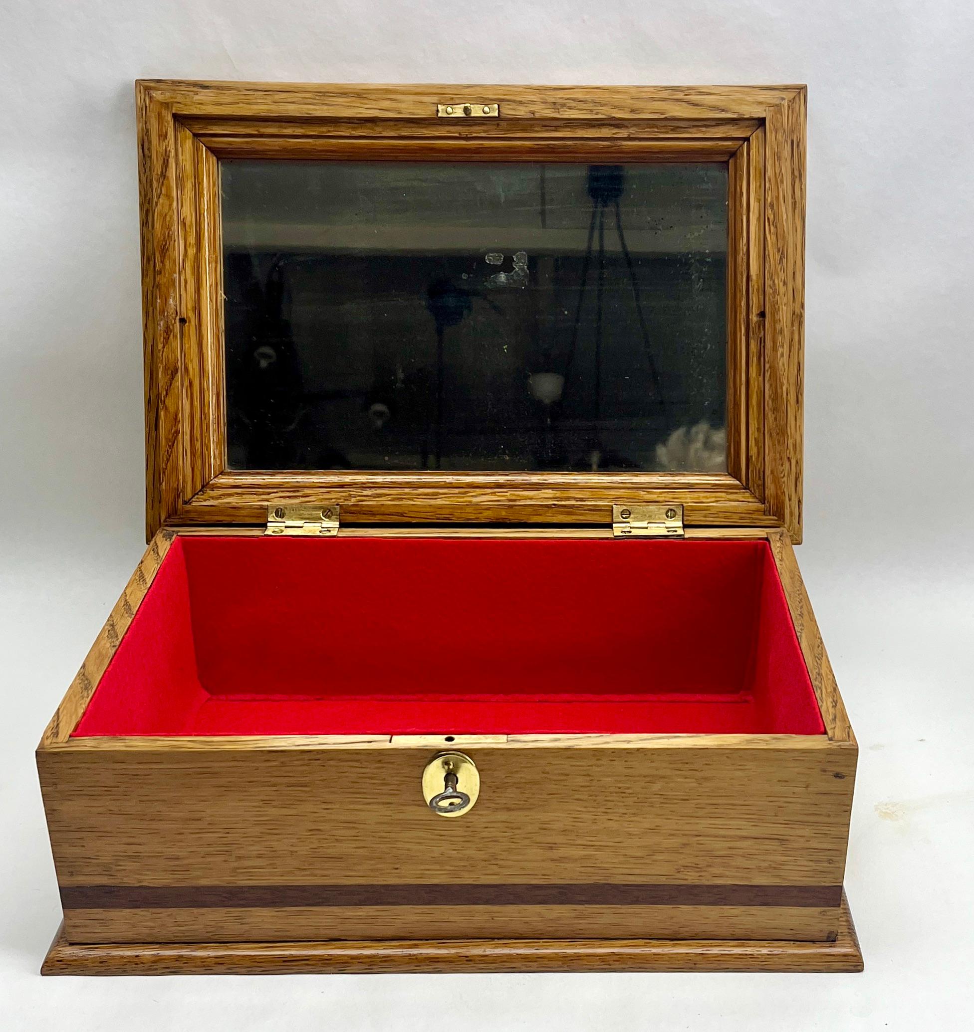 Hand-Crafted Solid Oak Arts & Crafts Box with Decorative Brass and Mirror circa 1910s For Sale