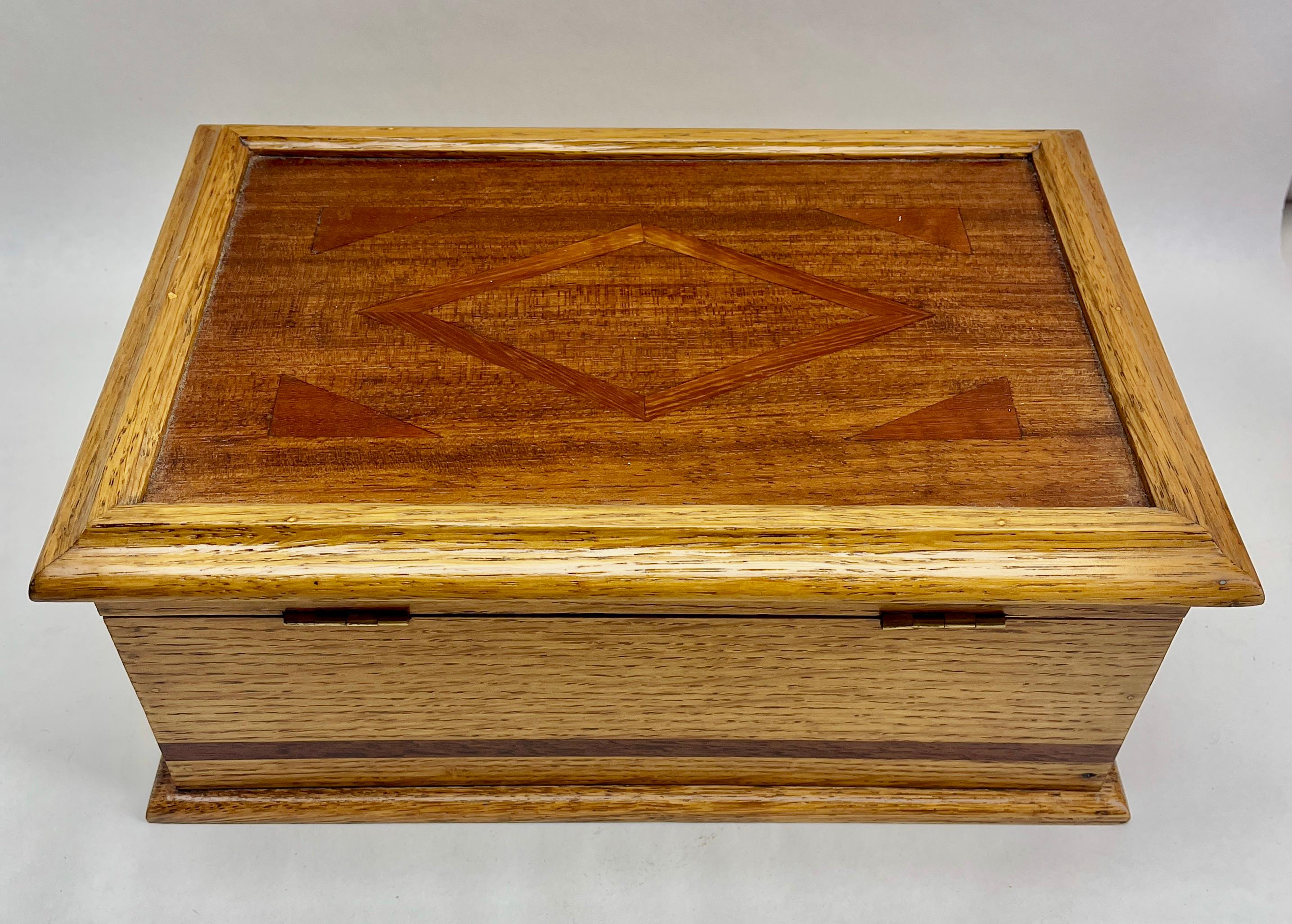 Early 20th Century Solid Oak Arts & Crafts Box with Decorative Brass and Mirror circa 1910s For Sale