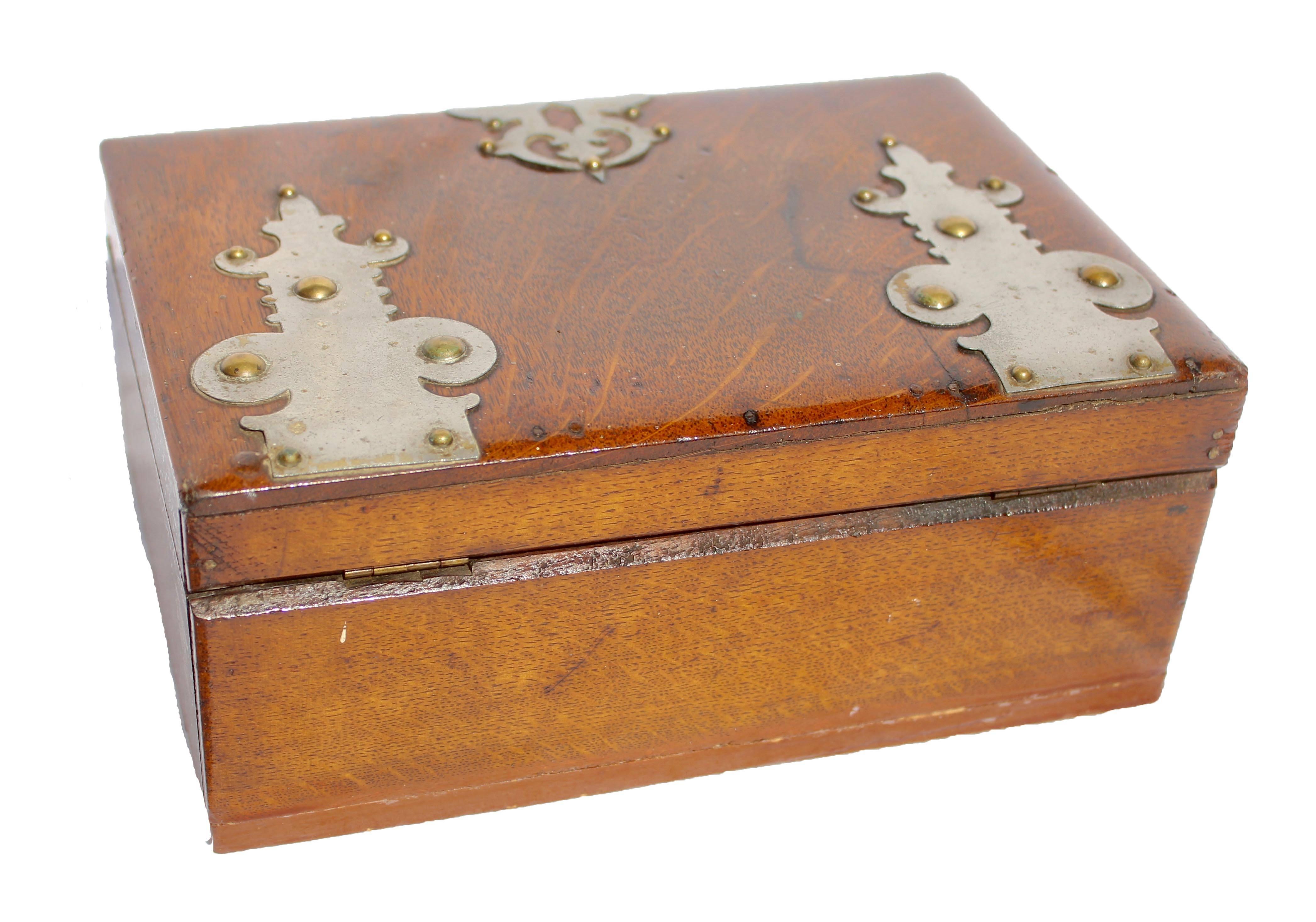 Arts and Crafts Solid Oak Arts & Crafts Box with Decorative Metal Work, circa 1890