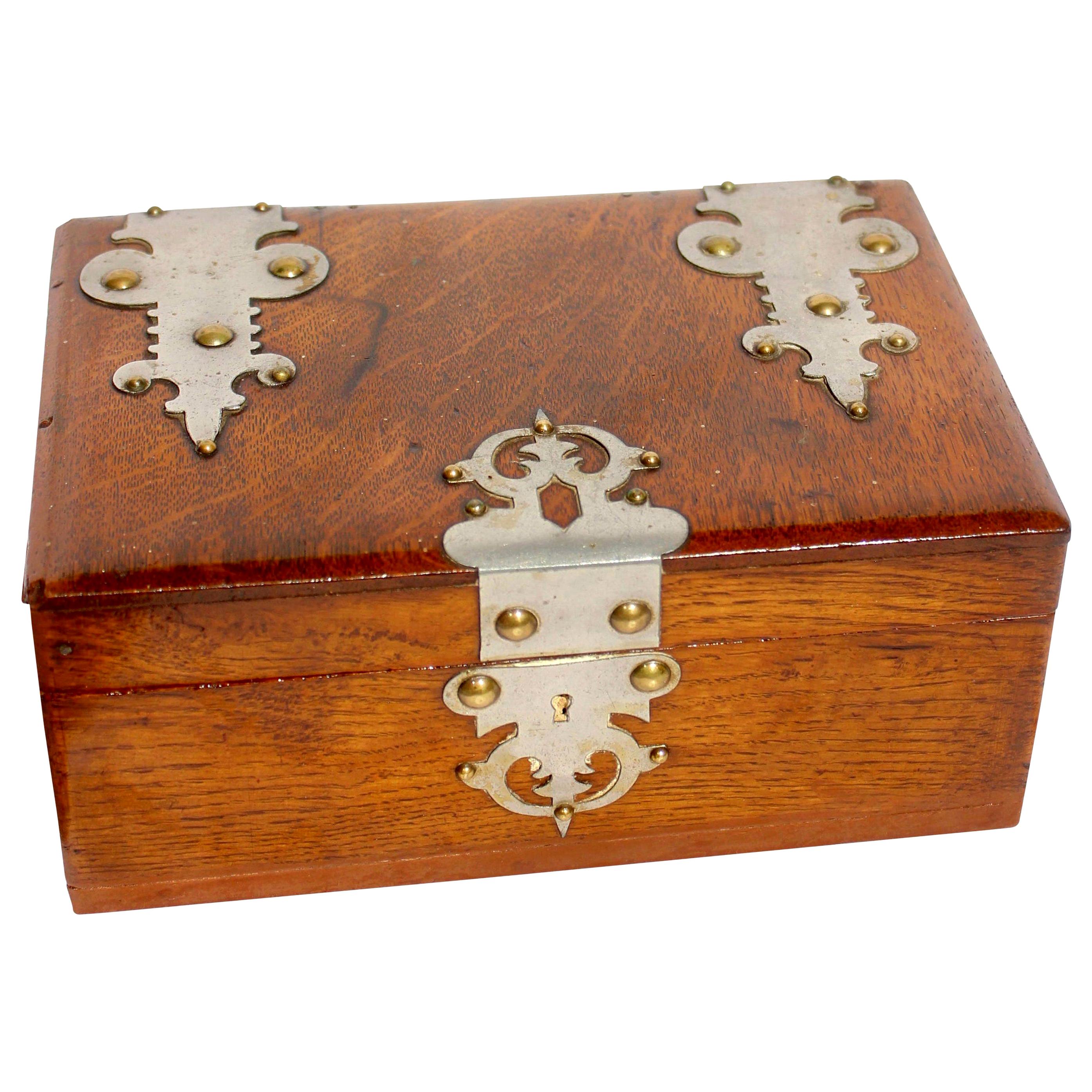 Solid Oak Arts & Crafts Box with Decorative Metal Work, circa 1890