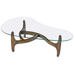 Retro Solid Oak Base Amorphic Kidney Bean Adrian Pearsall Coffee Table with New Glass