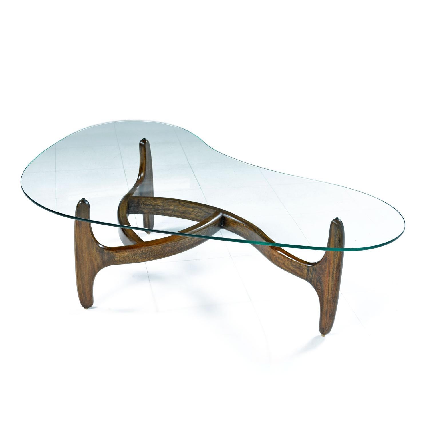 Adrian Pearsall coffee table by Craft Associates. One of Americas most revered designers. Spectacular angular solid oak base with curved, amorphic kidney bean shaped glass.

The solid oak base is in excellent restored vintage condition. The oily