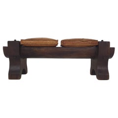 Solid Oak Bench with Leather Cushions, Spain, 1970's