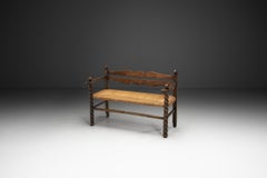 Solid Oak Bench With Turned Legs and a Woven Straw Seat, France 20th Century
