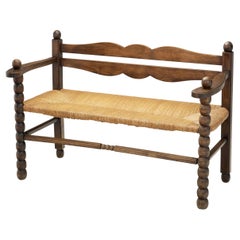 Solid Oak Bench With Turned Legs and a Woven Straw Seat, France 20th Century