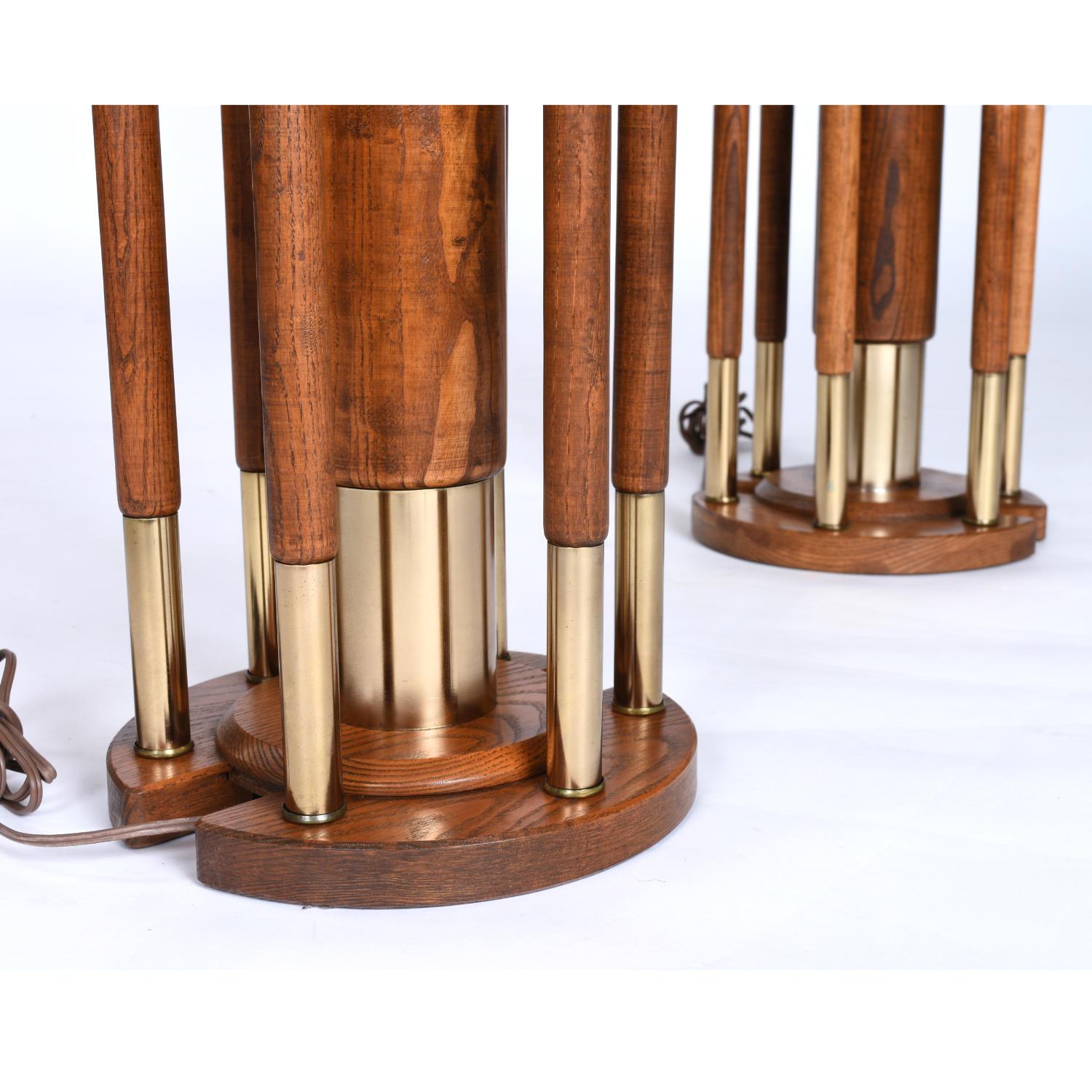 Solid Oak Brass Pillar Rotunda Table Lamps, circa 1970s For Sale 7