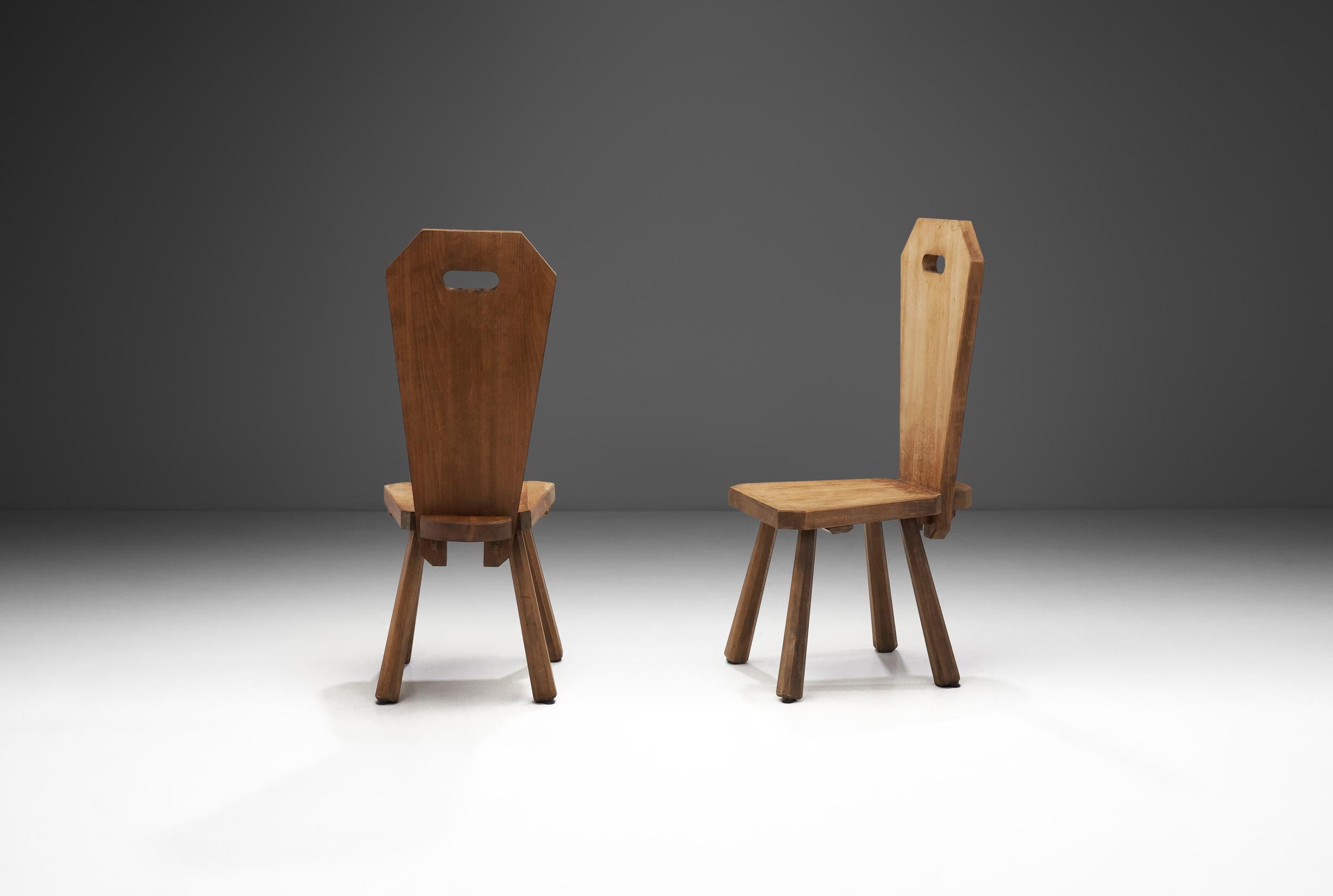 French Solid Oak Brutalist Pair of Chairs, France, circa  1940s For Sale
