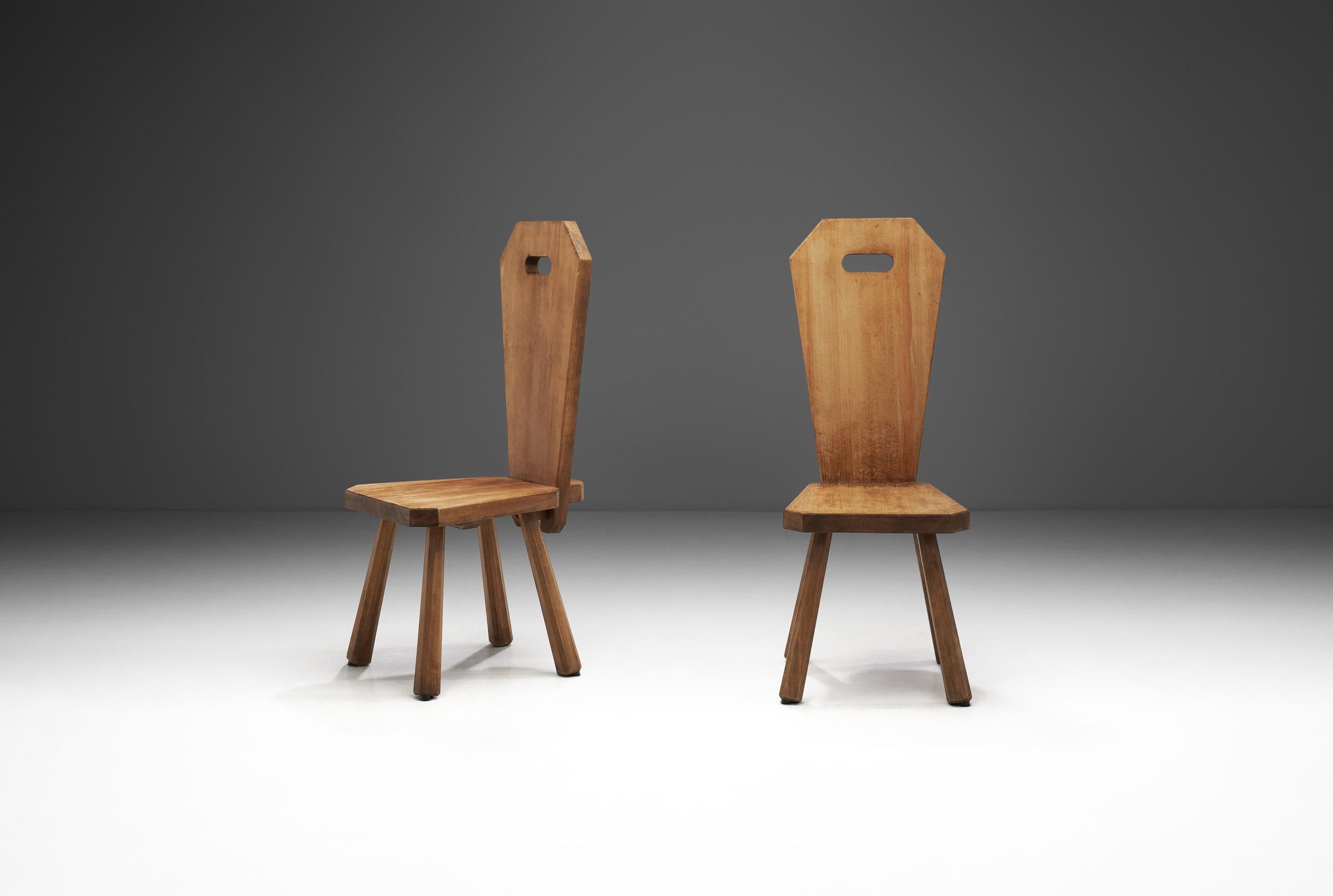 Mid-20th Century Solid Oak Brutalist Pair of Chairs, France, circa  1940s For Sale