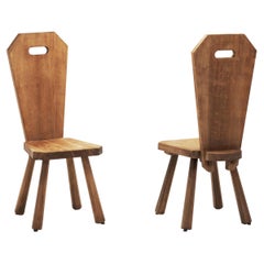 Solid Oak Brutalist Pair of Chairs, France, circa  1940s