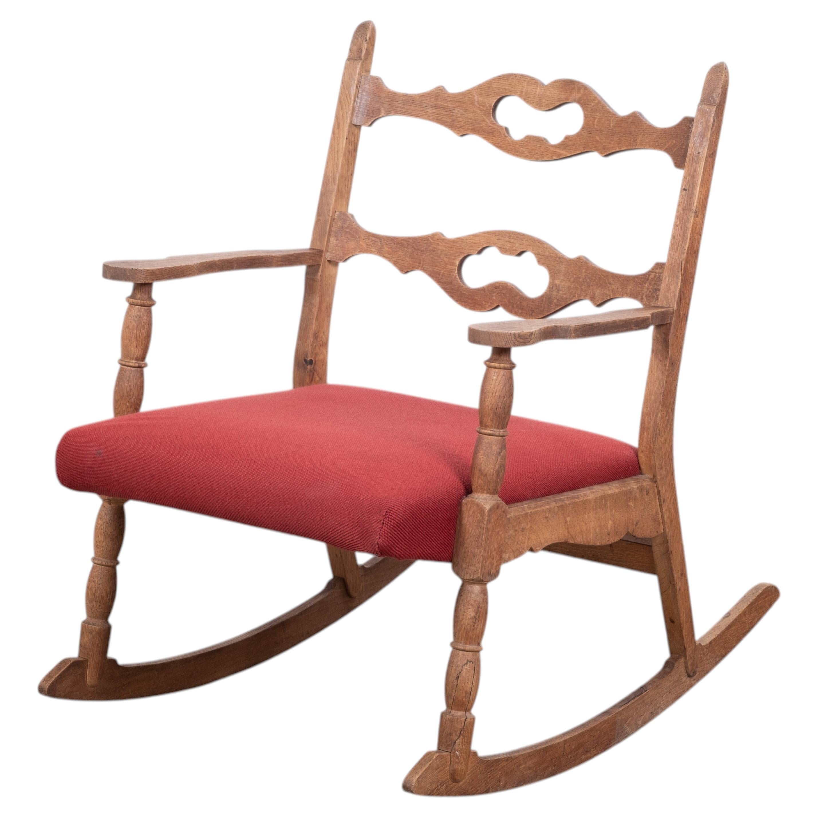 Solid Oak Brutalist Rocking Chair, Denmark, 1960s For Sale