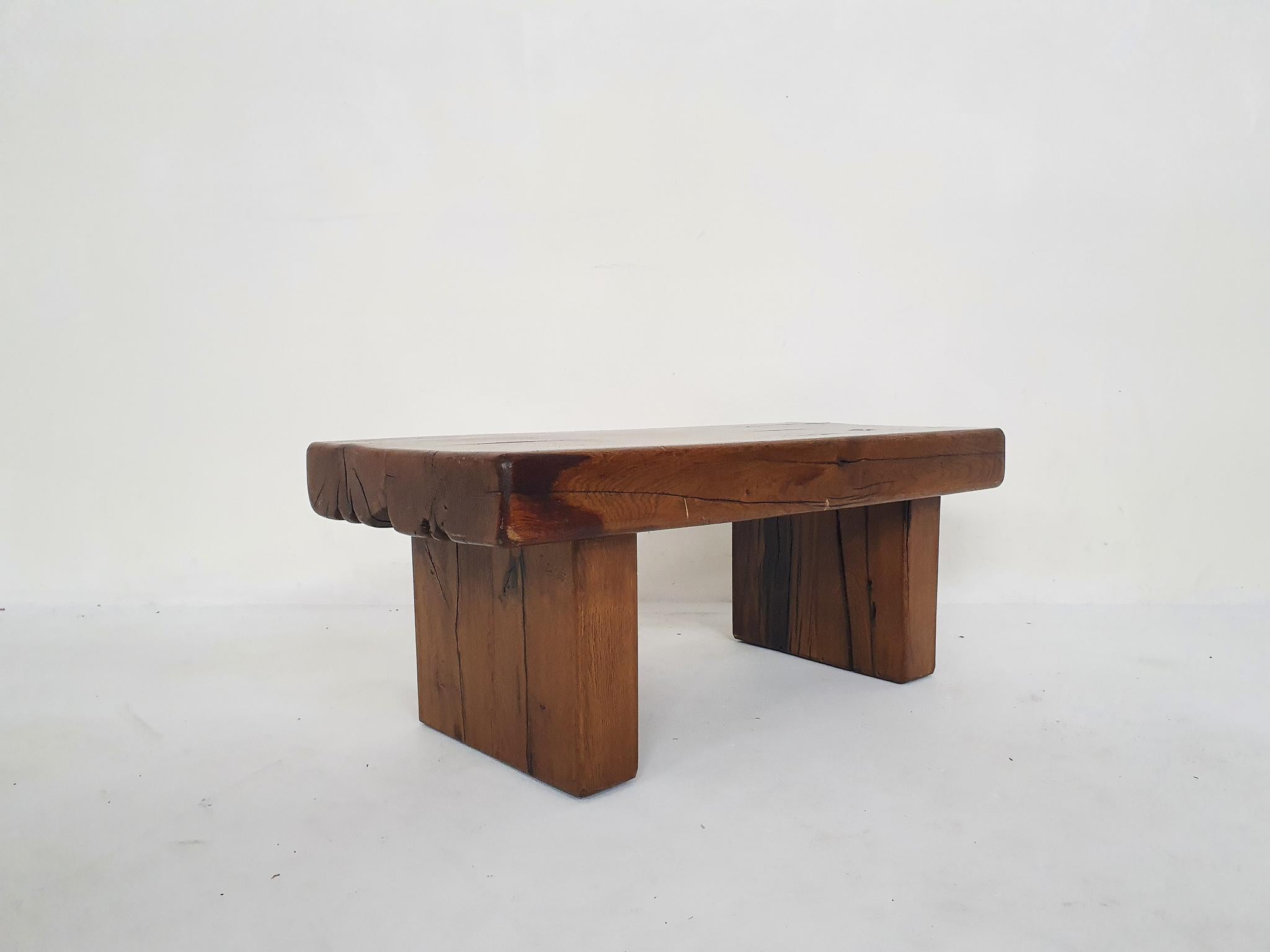 Mid-Century Modern Solid Oak Brutalist Side Table or Bench, France 1970's