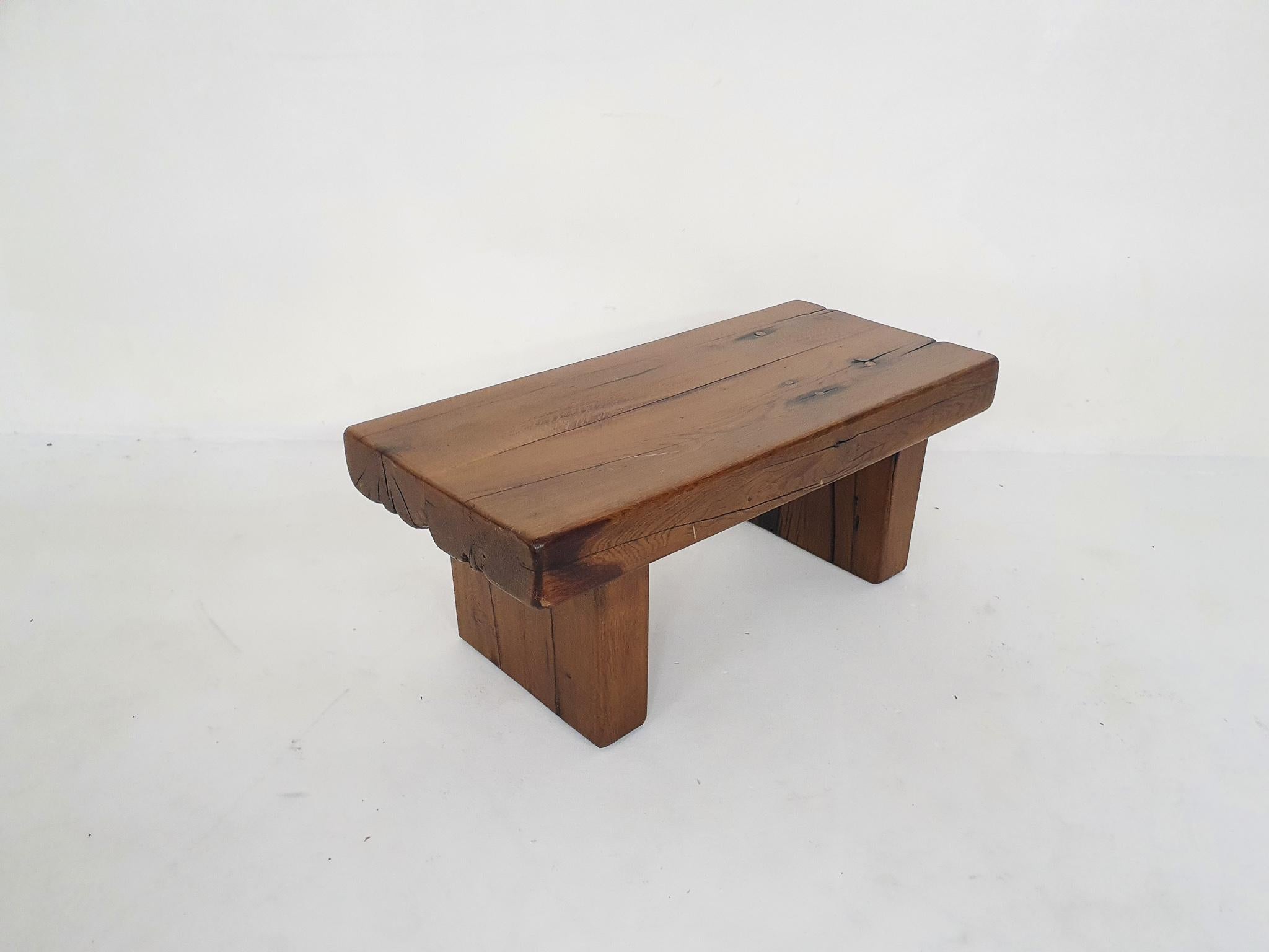 French Solid Oak Brutalist Side Table or Bench, France 1970's