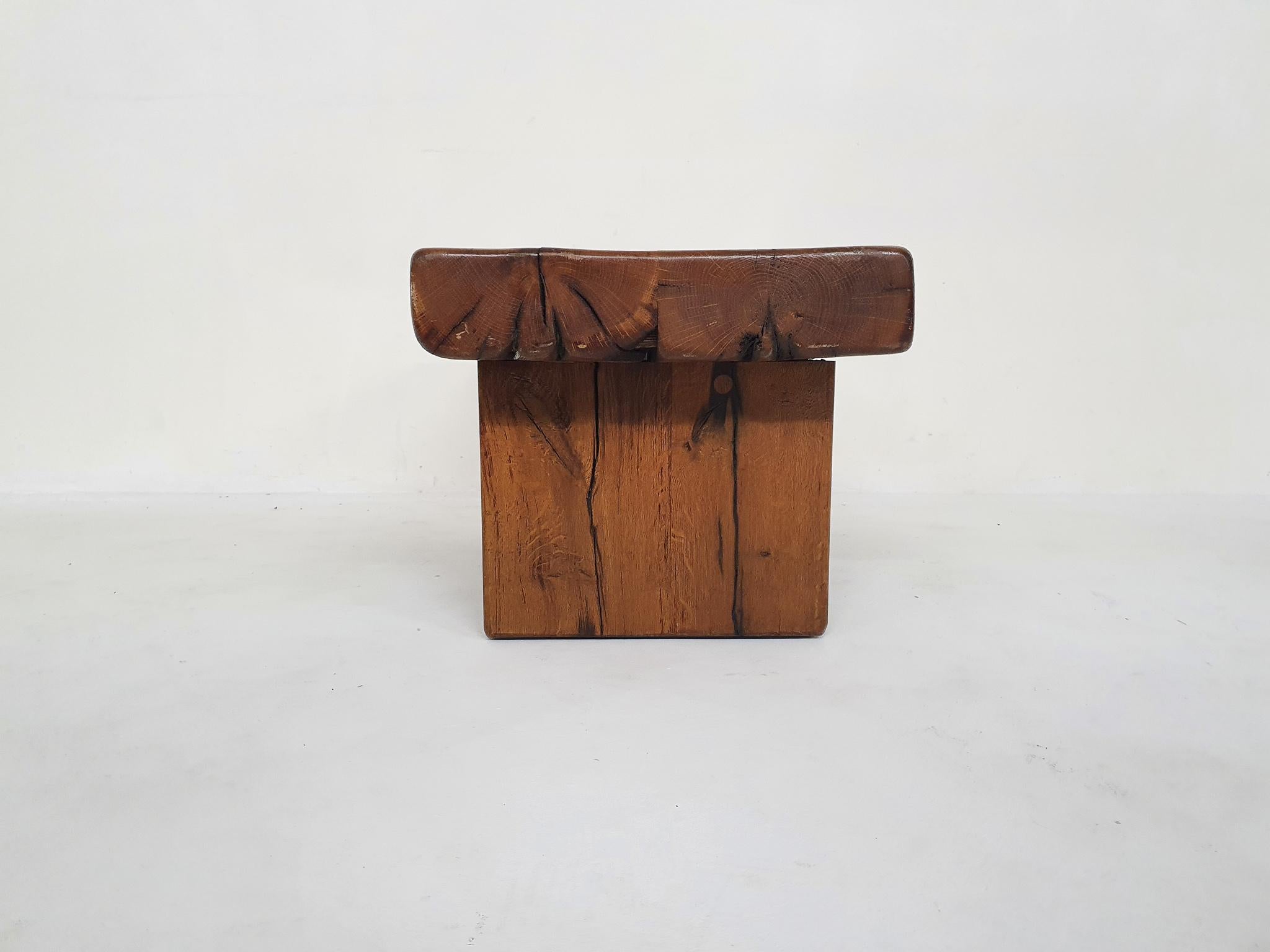 Solid Oak Brutalist Side Table or Bench, France 1970's 2