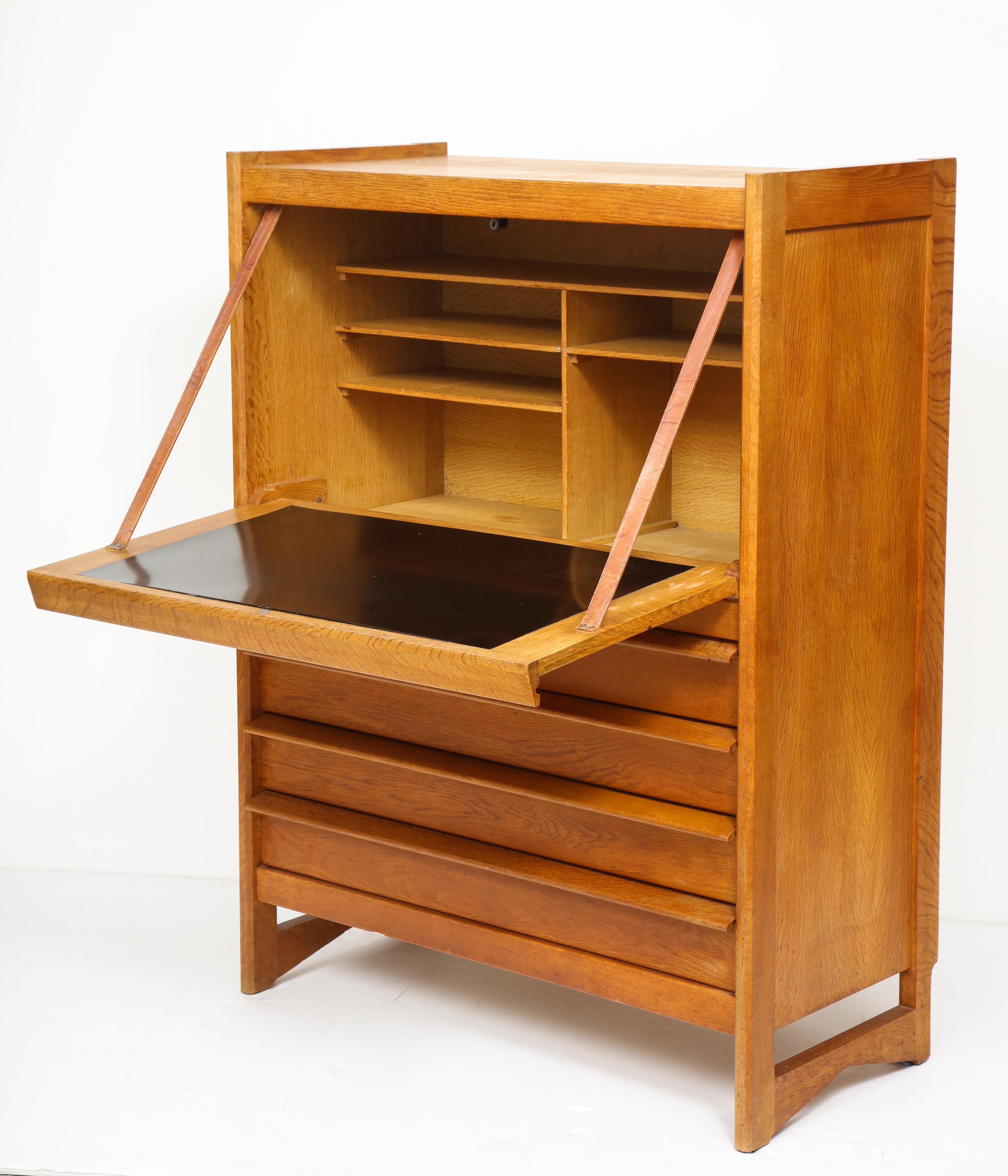 Solid Oak Cabinet and Desk by Guillerme et Chambron, France, 1960's For Sale 4