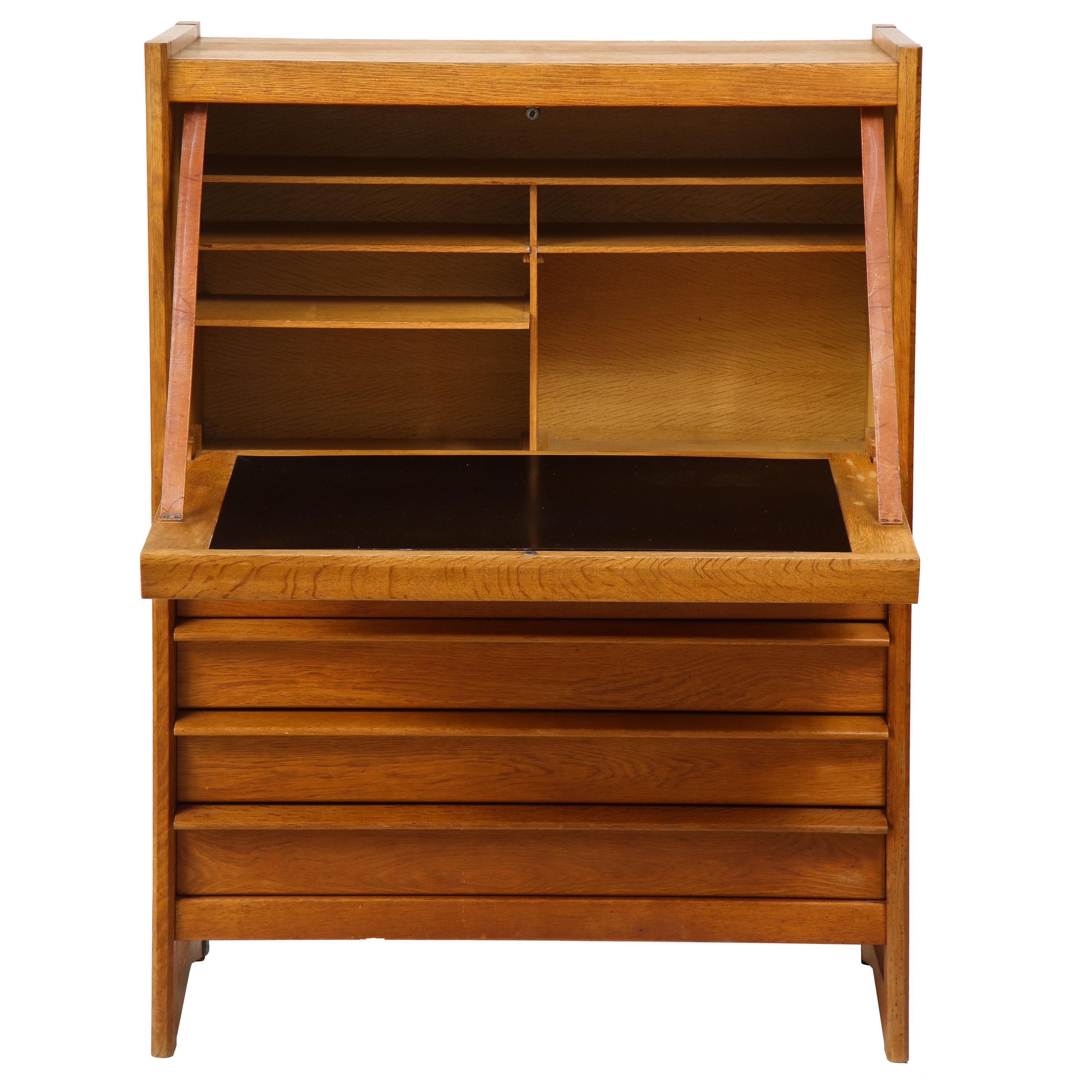 Solid Oak Cabinet and Desk by Guillerme et Chambron, France, 1960's For Sale