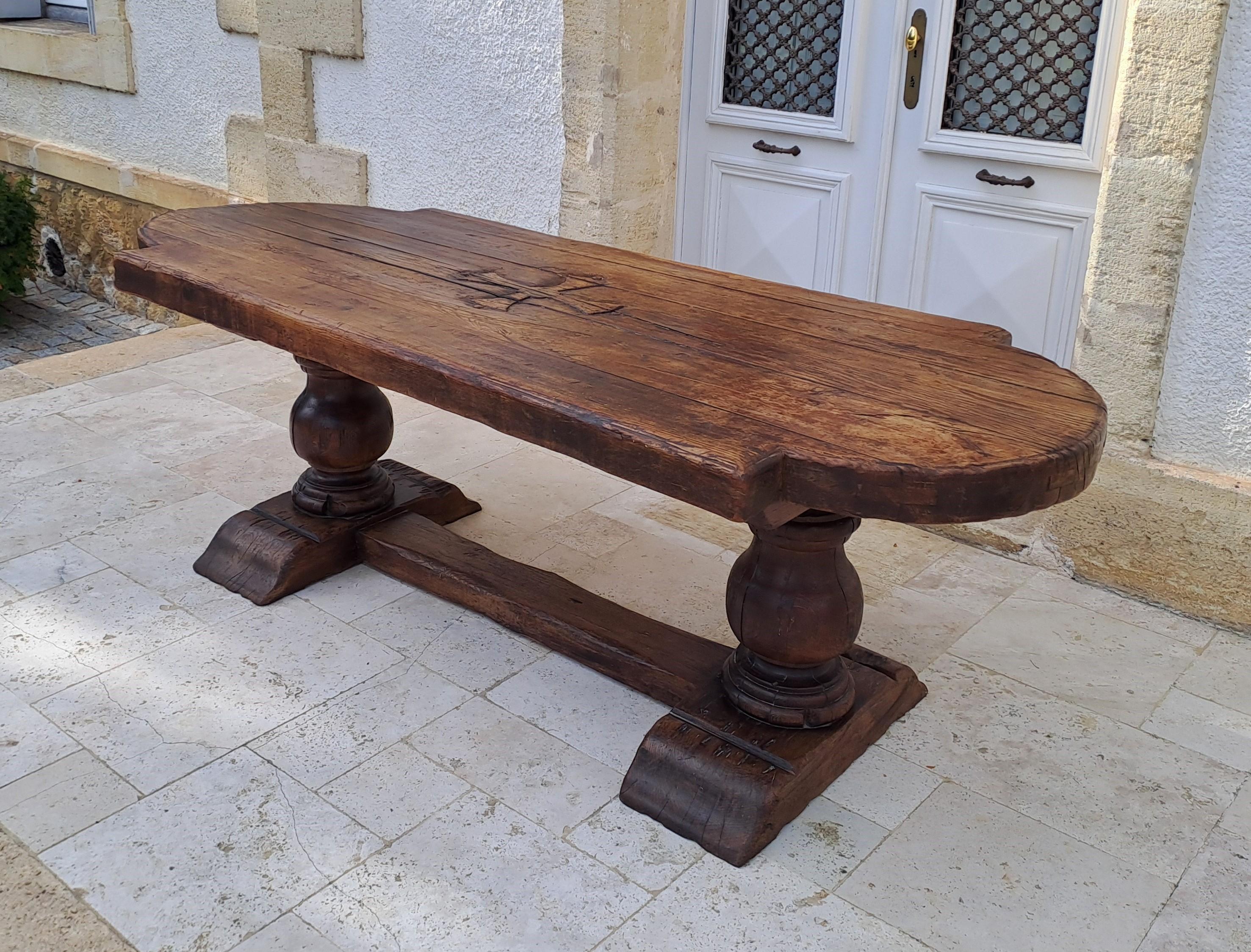 Medieval Solid Oak Castle/monastery Table - Engraved With The Occitan Cross For Sale
