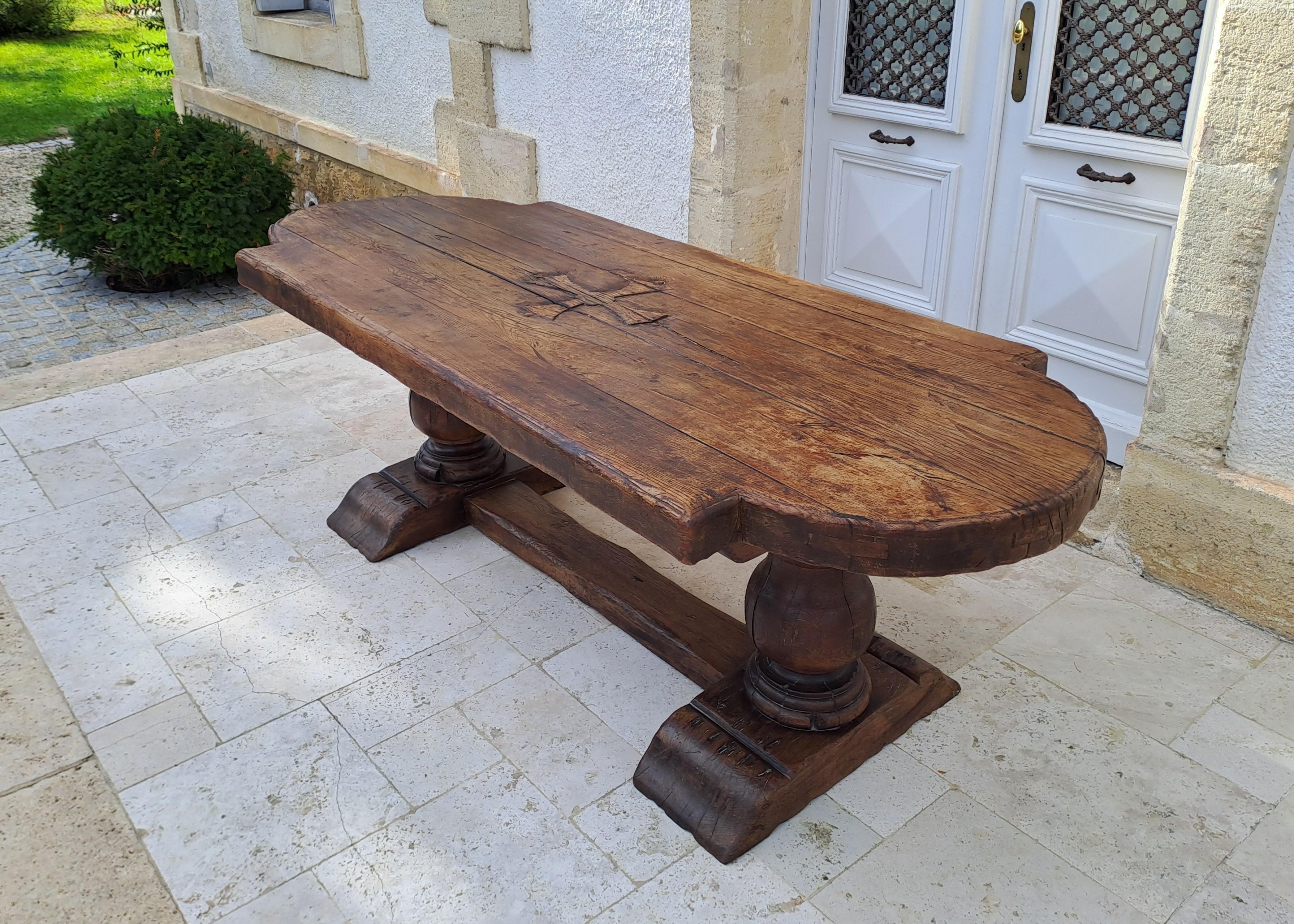 French Solid Oak Castle/monastery Table - Engraved With The Occitan Cross For Sale
