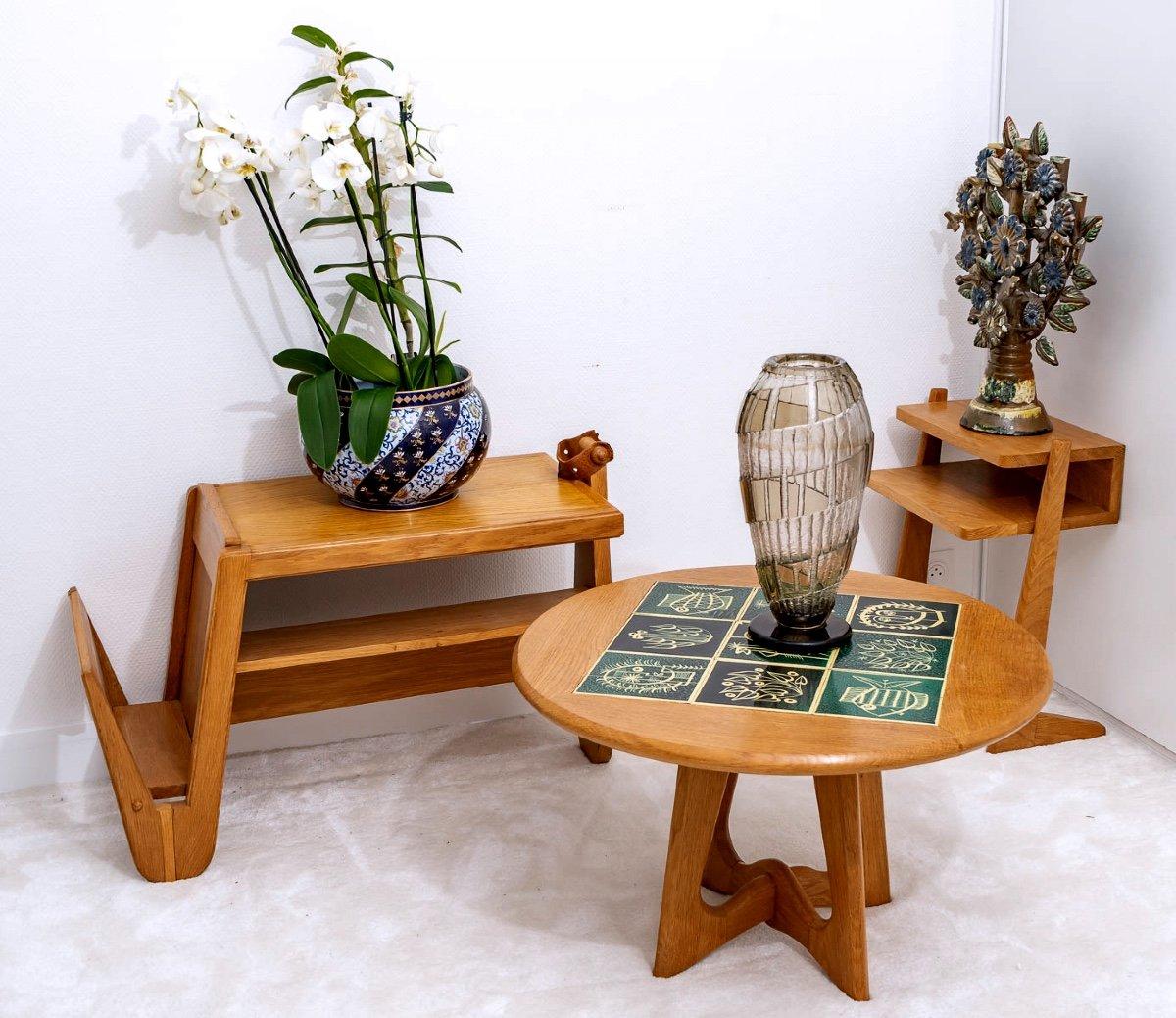 Solid Oak & Ceramic Coffee Table, Guillerme&Chambron-danikowski-period : XXth For Sale 1