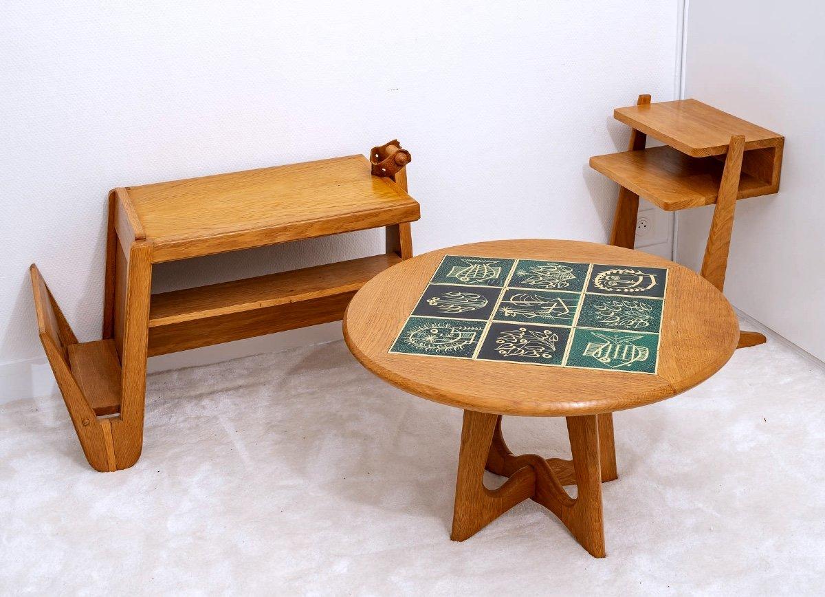 Solid Oak & Ceramic Coffee Table, Guillerme&Chambron-danikowski-period : XXth For Sale 2