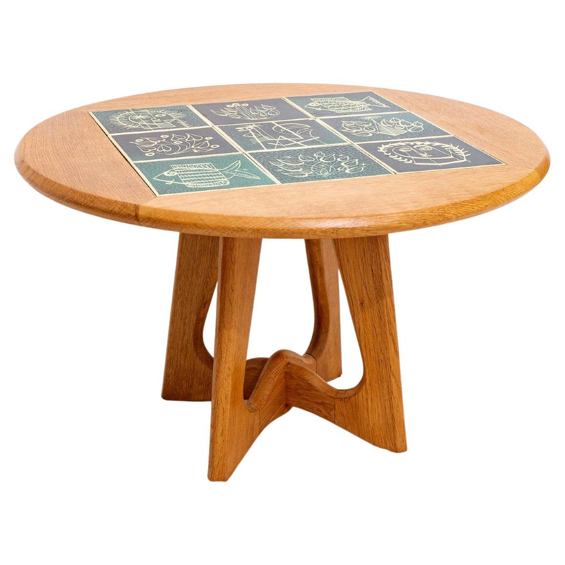 Solid Oak & Ceramic Coffee Table, Guillerme&Chambron-danikowski-period : XXth For Sale
