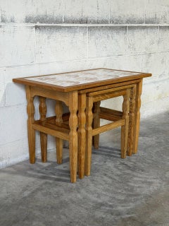 Solid Oak Ceramic Tile-Top Nesting Tables Set of 3 Brown Windmill Motif Vintage