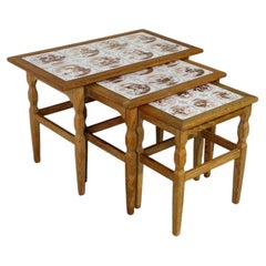 Solid Oak Ceramic Tile-Top Nesting Tables Set of 3 Brown Windmill Motif Vintage