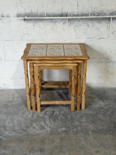 Solid Oak Ceramic Tile-Top Nesting Tables Set of 3 Floral Spindle Legs Vintage