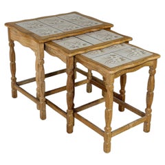 Solid Oak Ceramic Tile-Top Nesting Tables Set of 3 Floral Spindle Legs Vintage