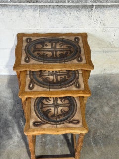 Solid Oak Ceramic Tile-Top Nesting Tables Set of 3 with Spindle Legs Vintage