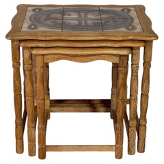 Solid Oak Ceramic Tile-Top Nesting Tables Set of 3 with Spindle Legs Vintage