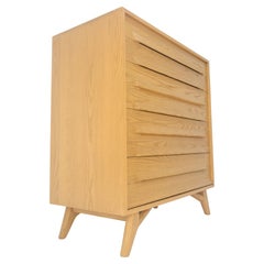 Solid Oak Cerused High Boy Chest of 5 Drawers Dresser Sculptural Legs MINT!