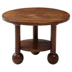 Solid Oak Charles Dudouyt French Coffee table w Oivid Ball Feet, c. 1940