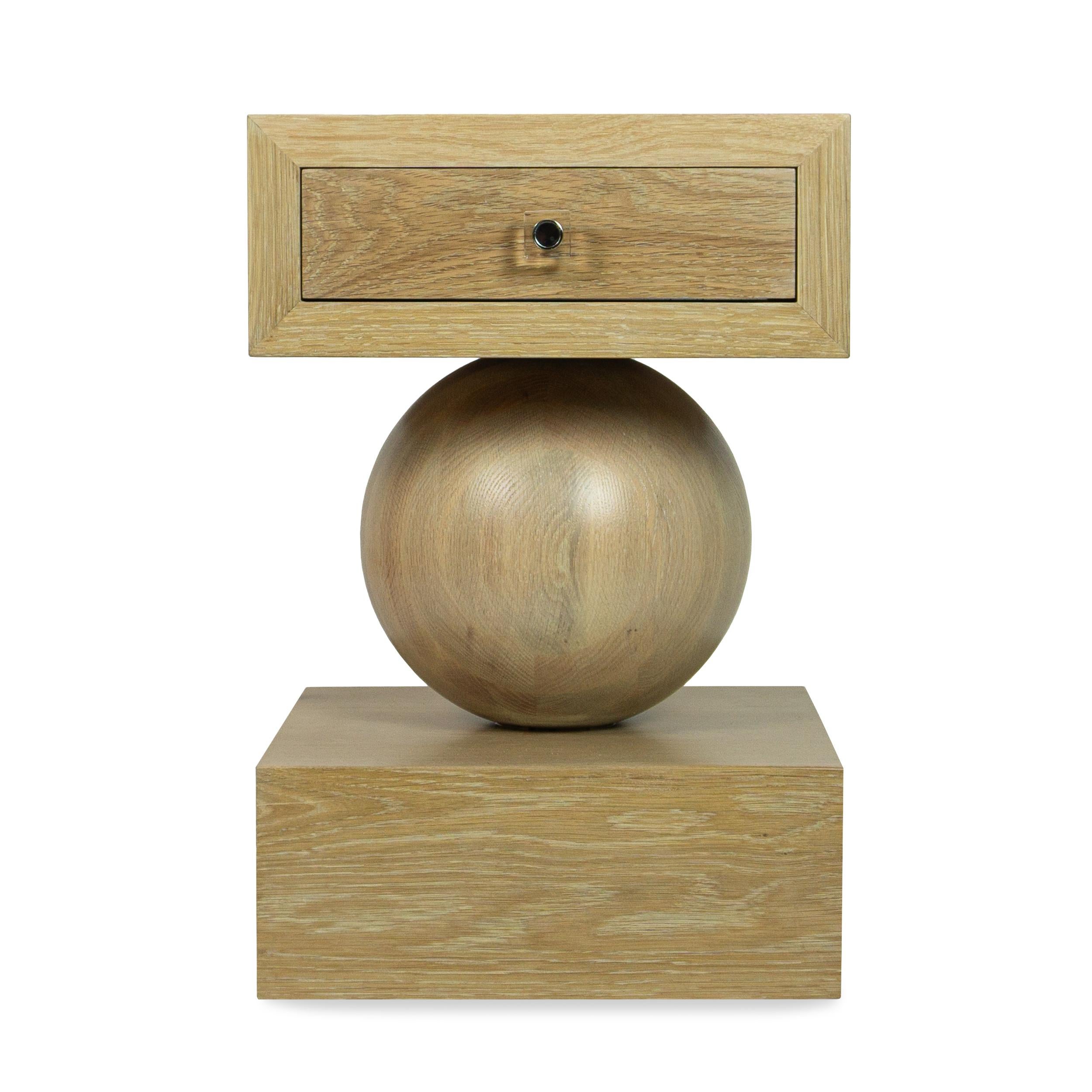 Brutalist-inspired solid oak chess table featuring oak sphere pedestal. Includes inlaid acrylic chess set, felt lined drawers and acrylic drawer pulls. Ask us about different wood species like walnut and more, plus different finishes and even
