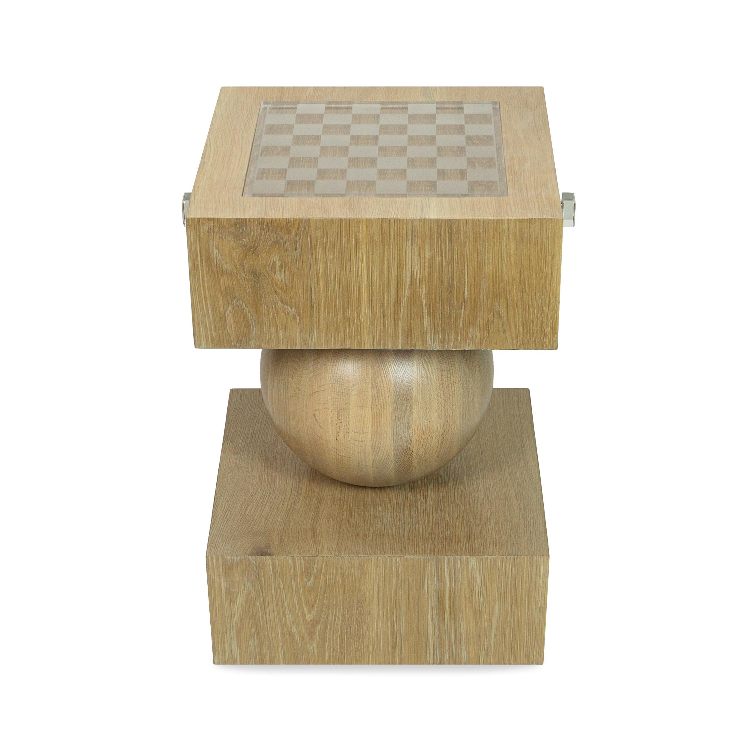 Contemporary Solid Oak Chess Table including Acrylic Chess Set, Felt-Lined Storage Drawers For Sale