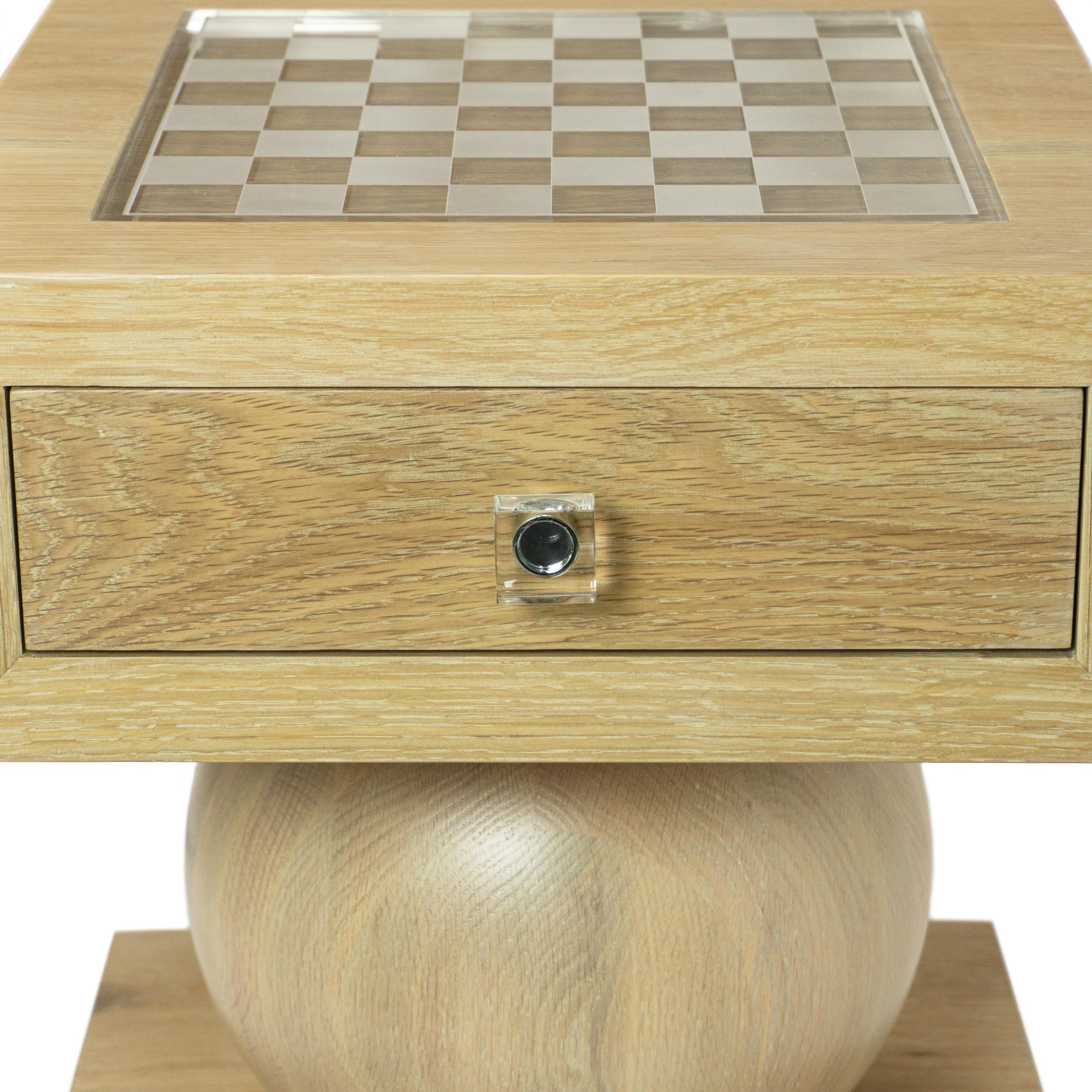 Wood Solid Oak Chess Table including Acrylic Chess Set, Felt-Lined Storage Drawers For Sale