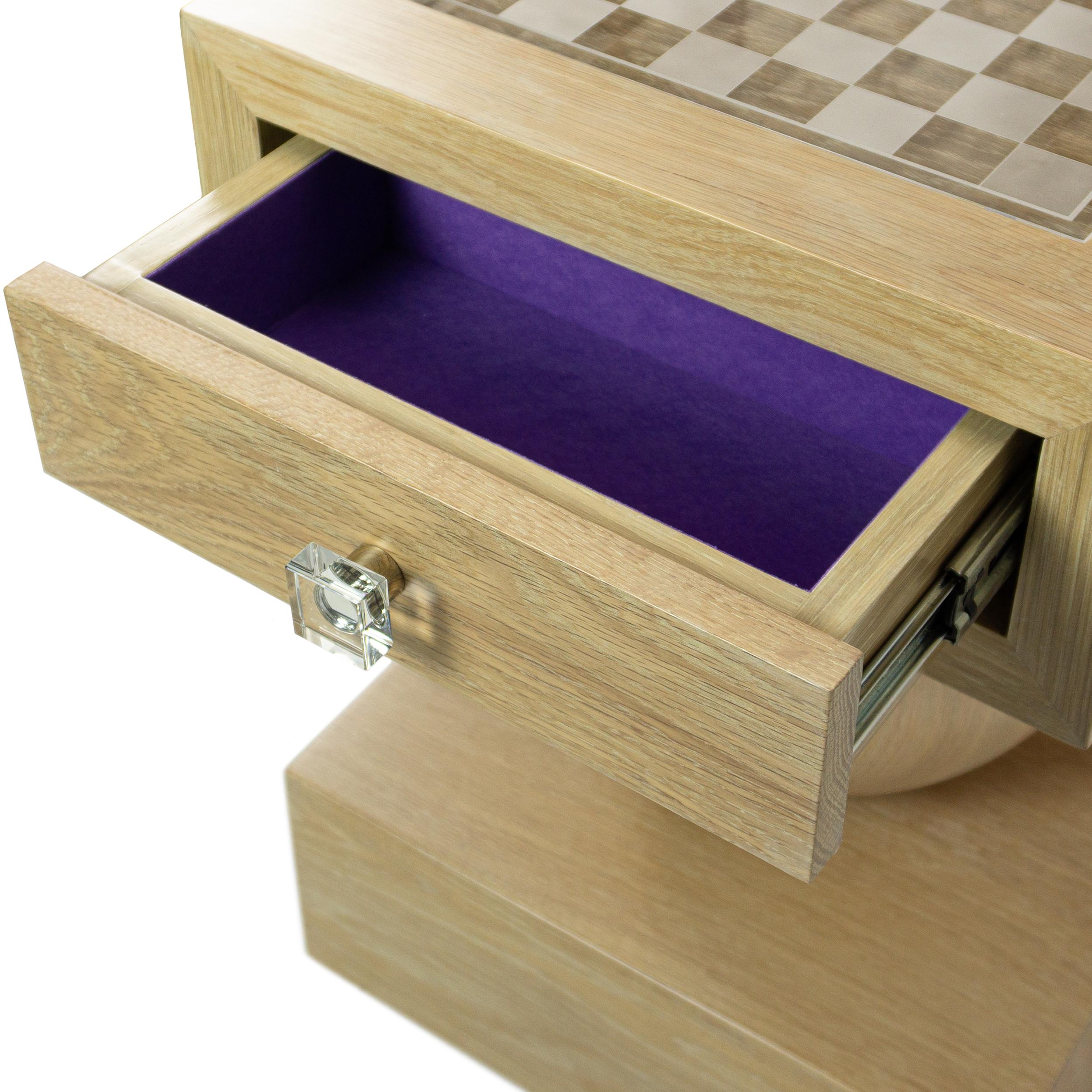 Solid Oak Chess Table including Acrylic Chess Set, Felt-Lined Storage Drawers For Sale 1