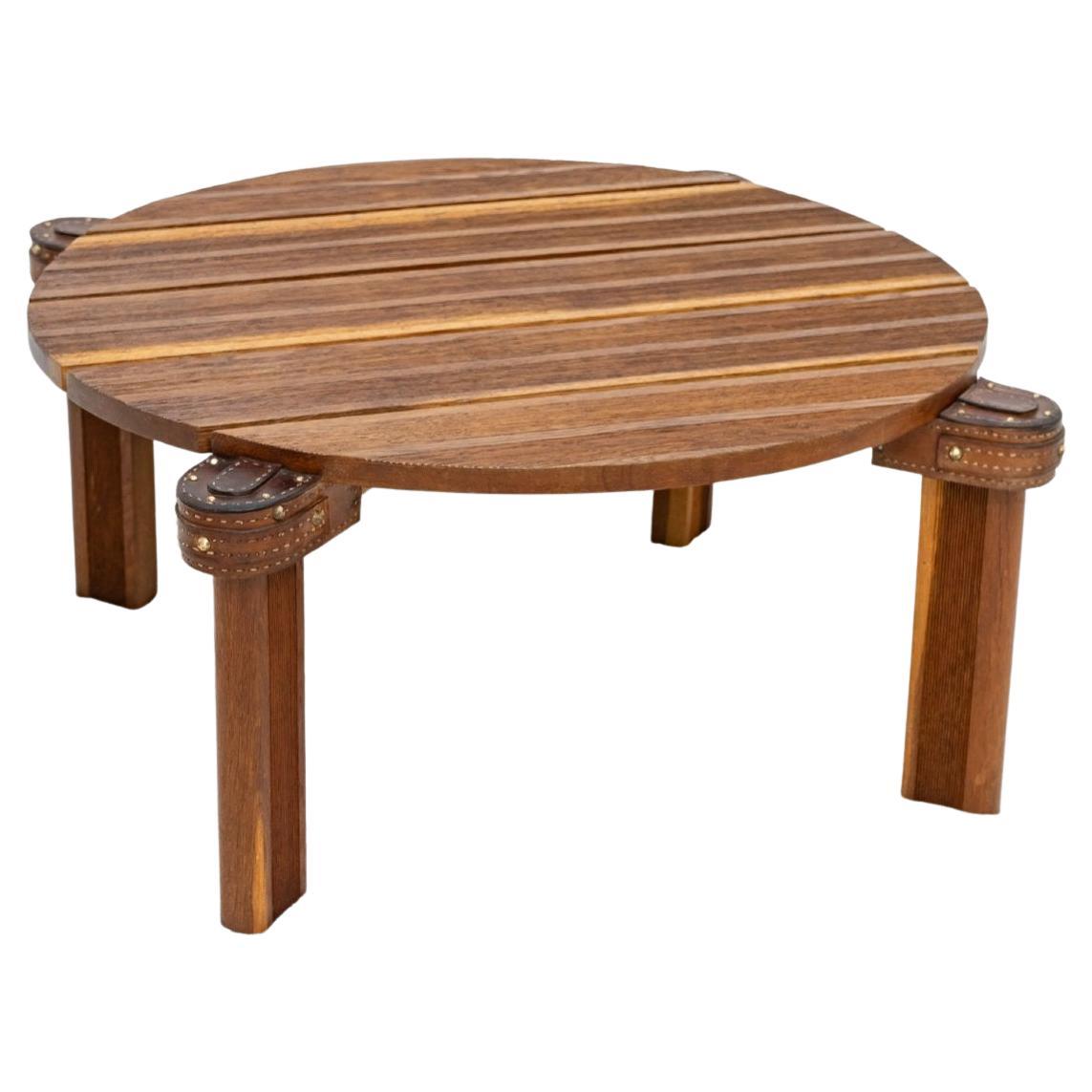 Solid Oak Coffee Table - Jacques Adnet - Sellier Stitching Leather - Period: XXt For Sale