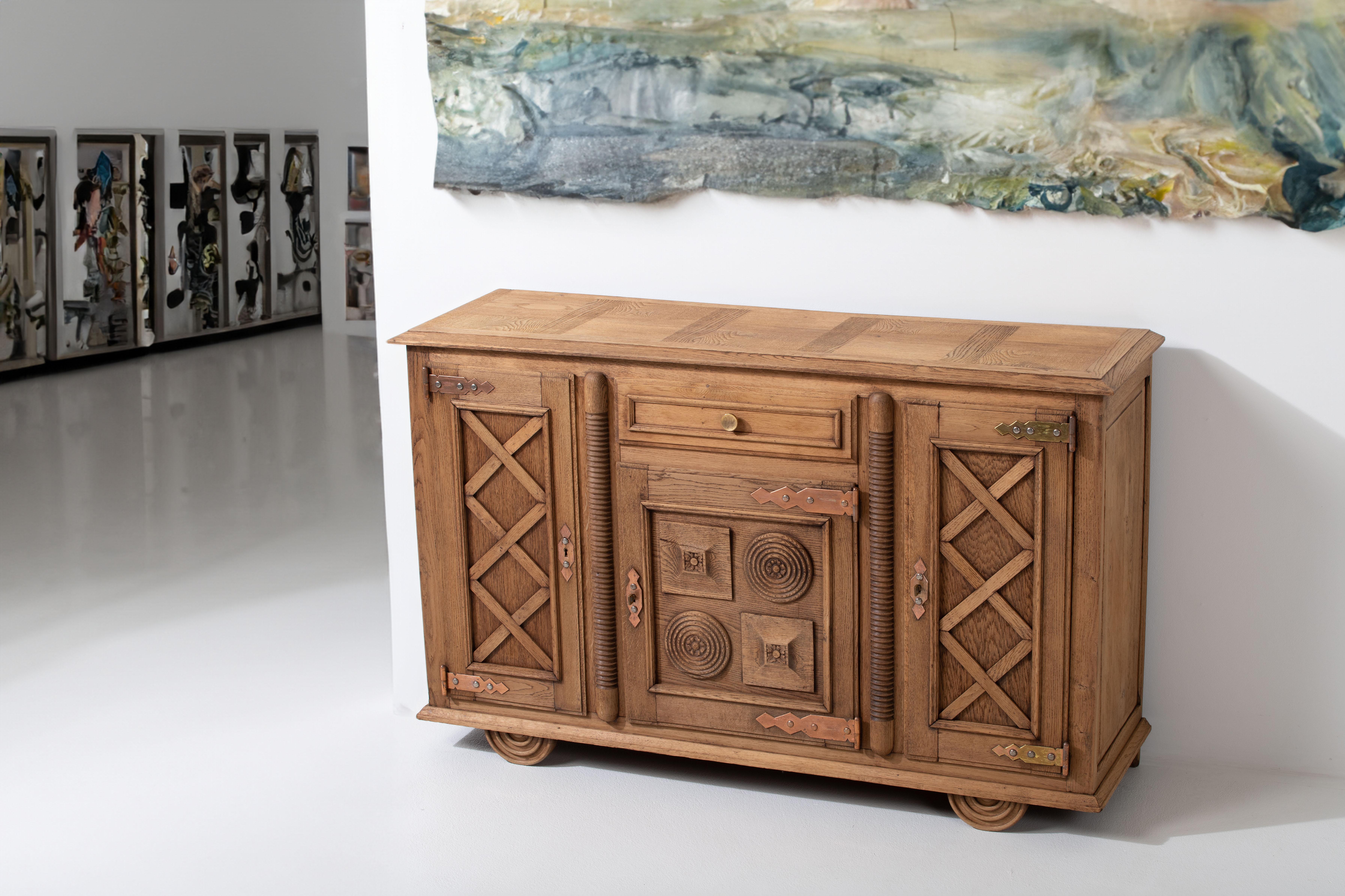 French Solid Oak Credenza, Charles Douduyt, France, 1940s For Sale
