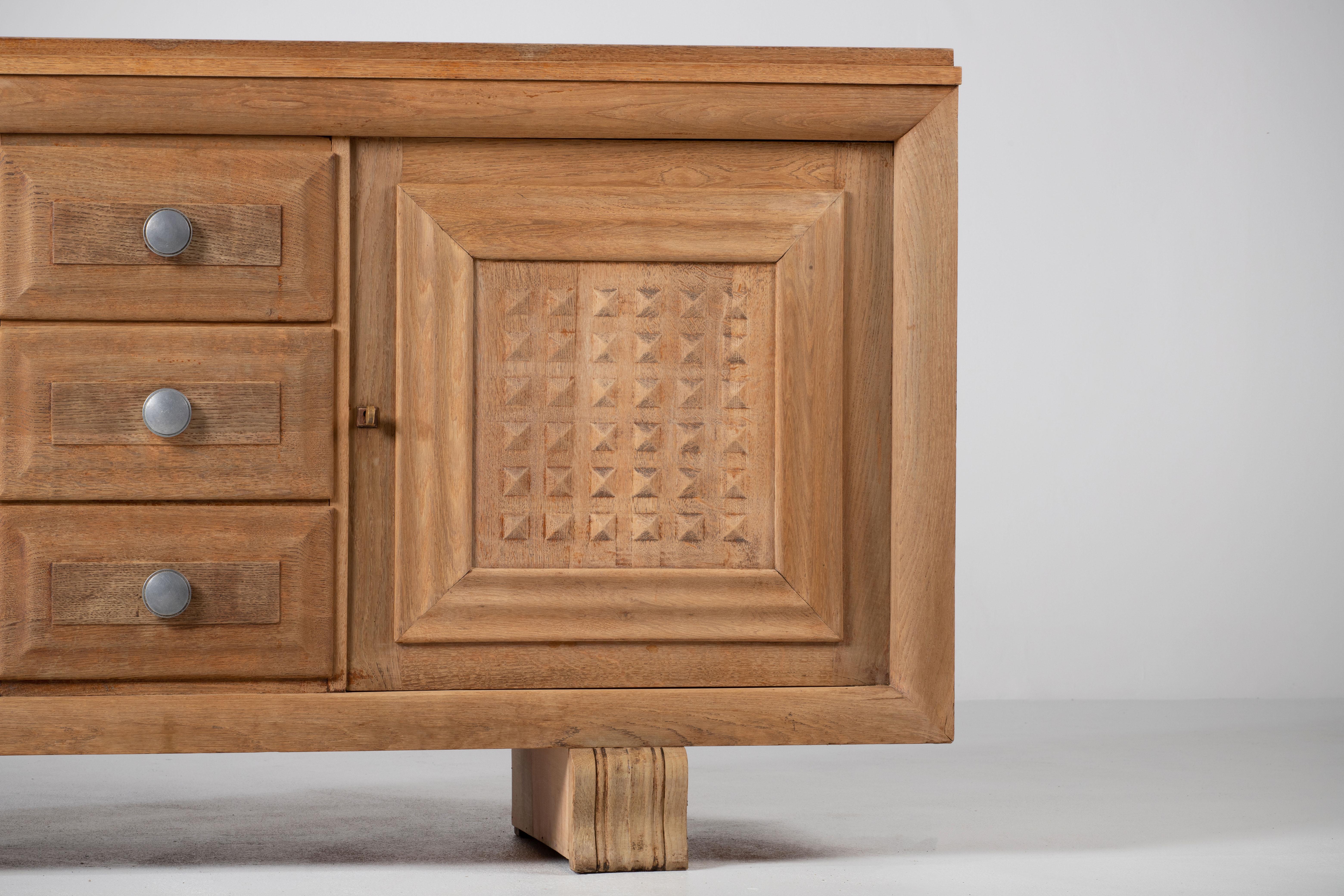 Solid Oak Credenza with Graphic Details, France, 1940s 4