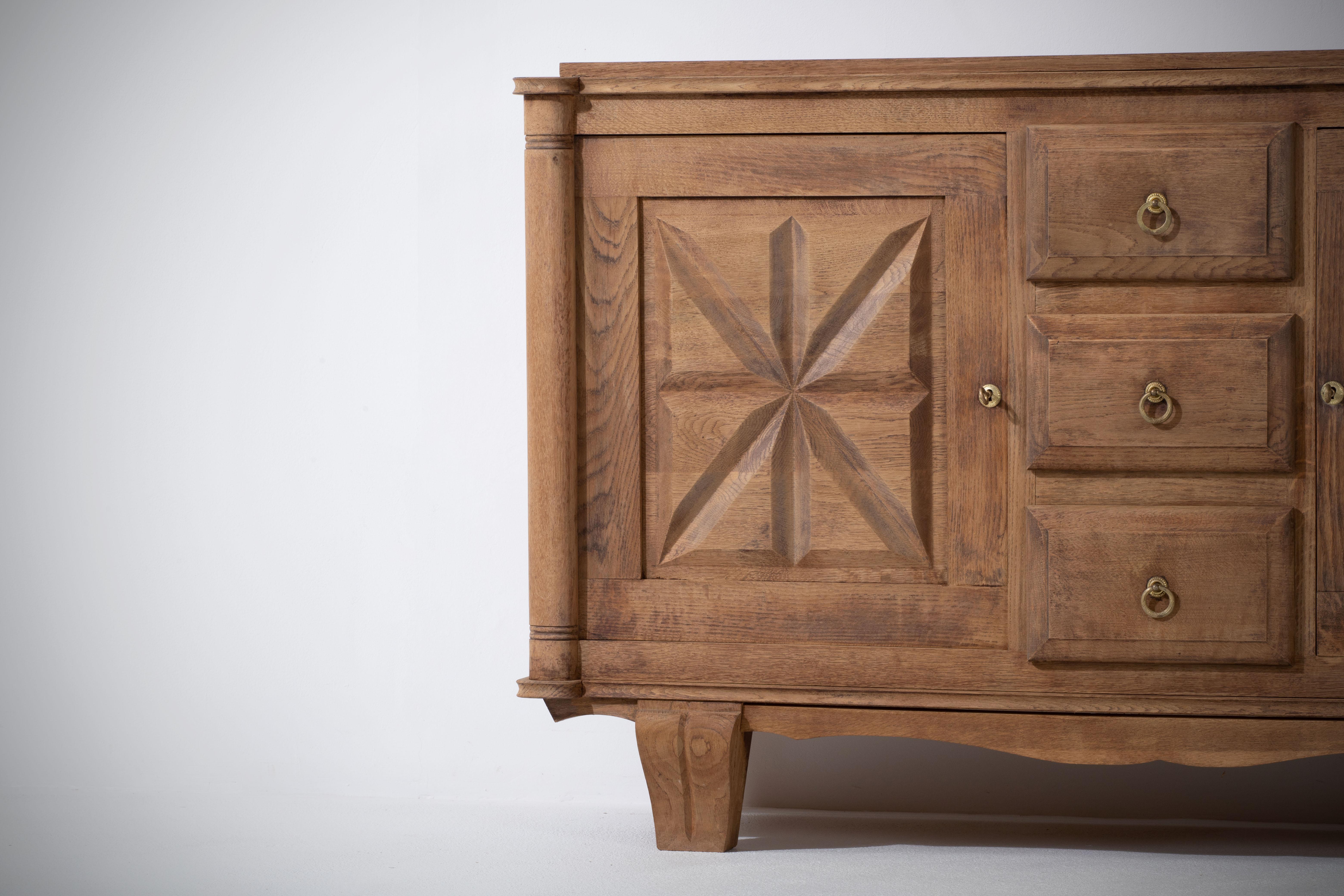 Solid Oak Credenza with Graphic Details, France, 1940s 5