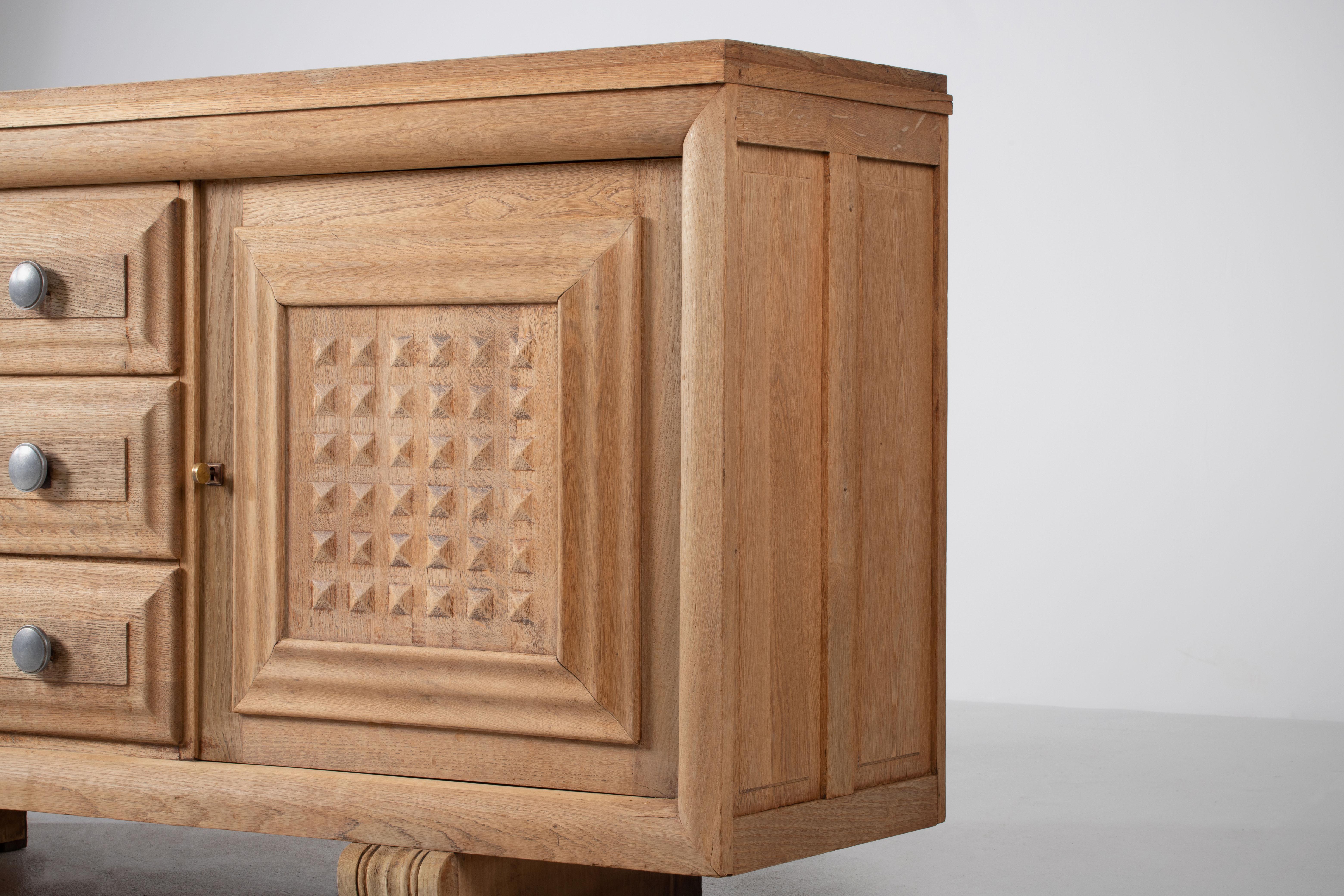 Solid Oak Credenza with Graphic Details, France, 1940s 8