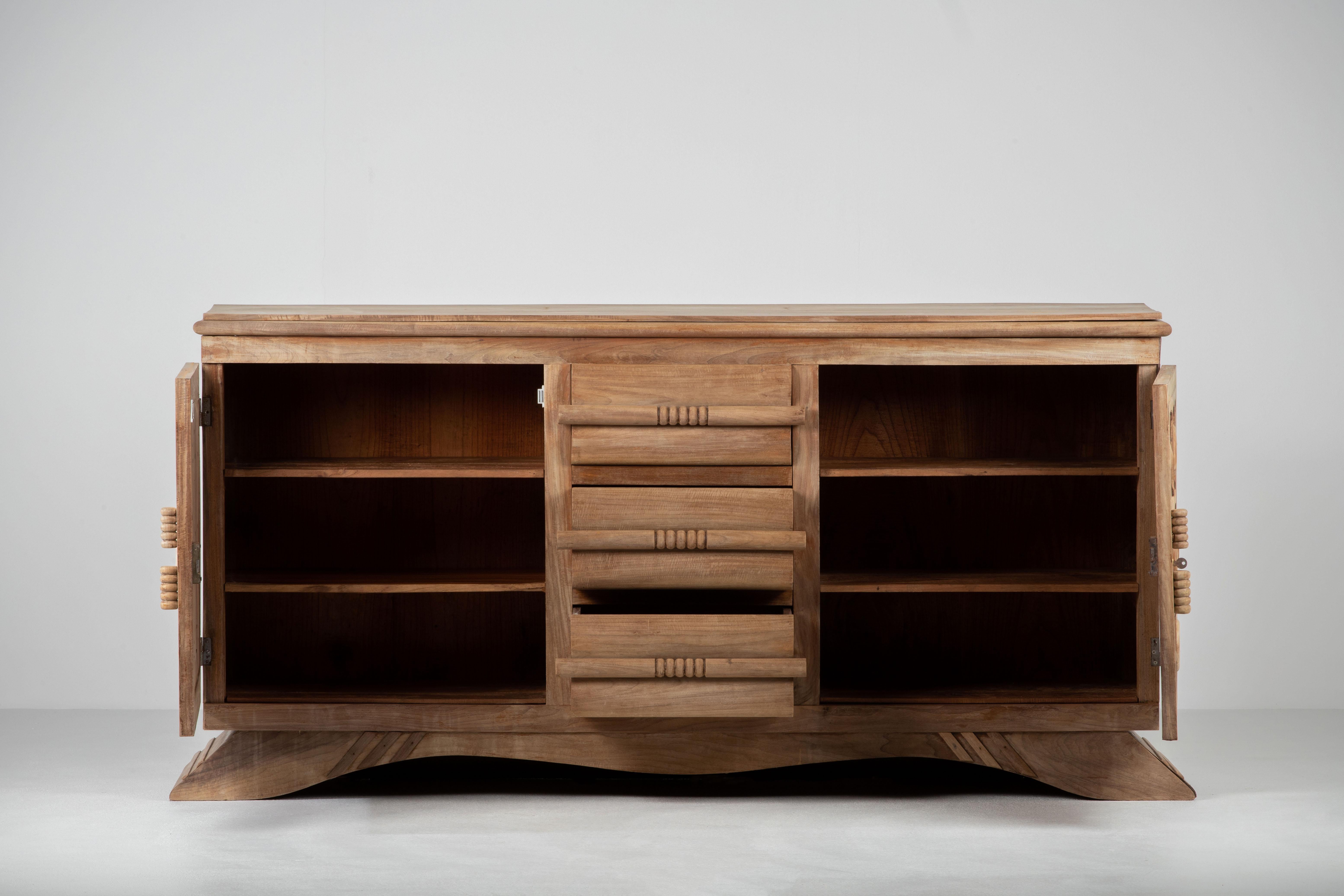 Art Deco Solid Oak Credenza with Graphic Details, France, 1940s For Sale