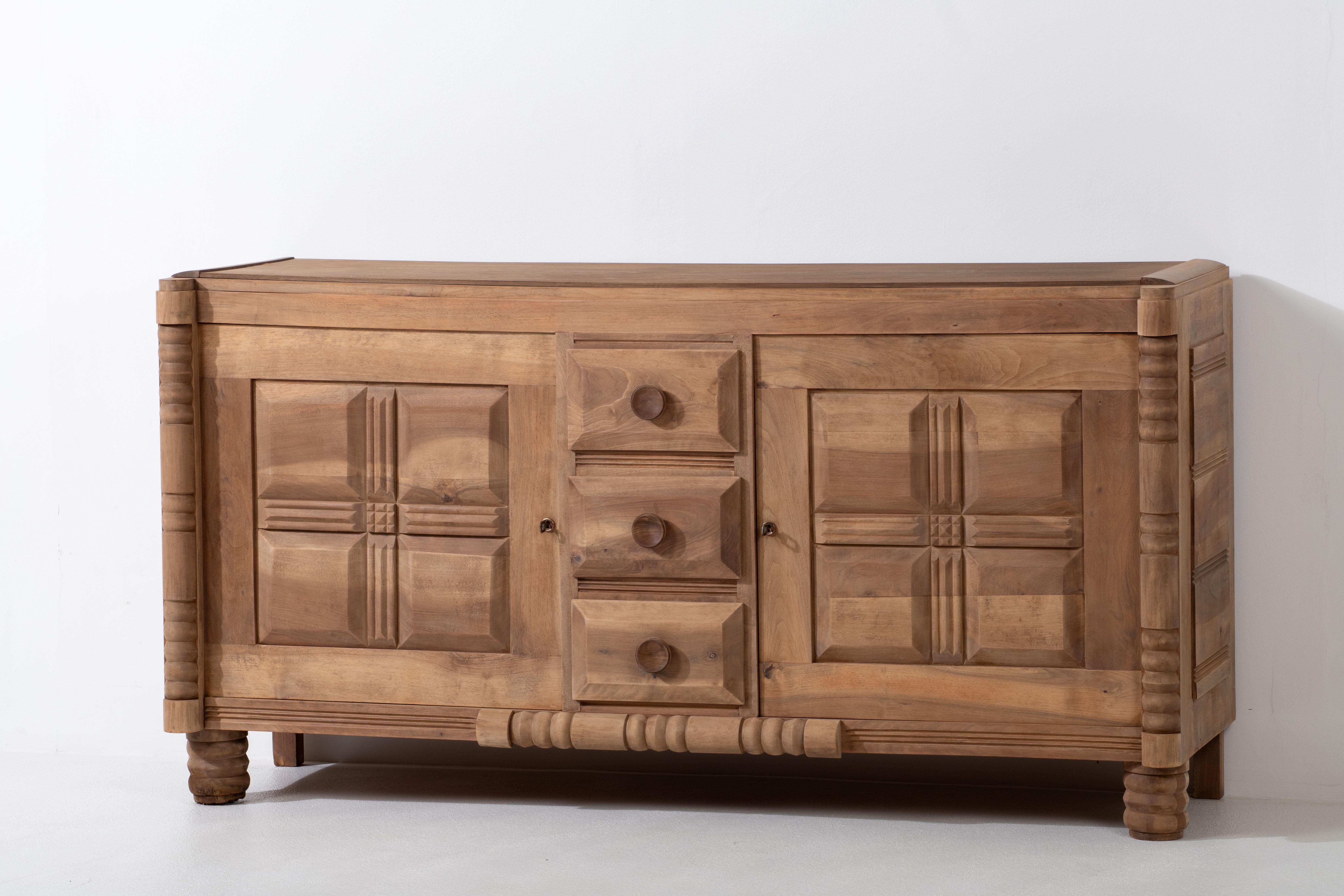 Marble Solid Oak Credenza with Graphic Details, France, 1940s For Sale