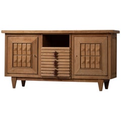 Vintage Solid Oak Credenza with Graphic Details, France, 1940s