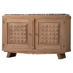 Vintage Solid Oak Credenza with Graphic Details, France, 1940s