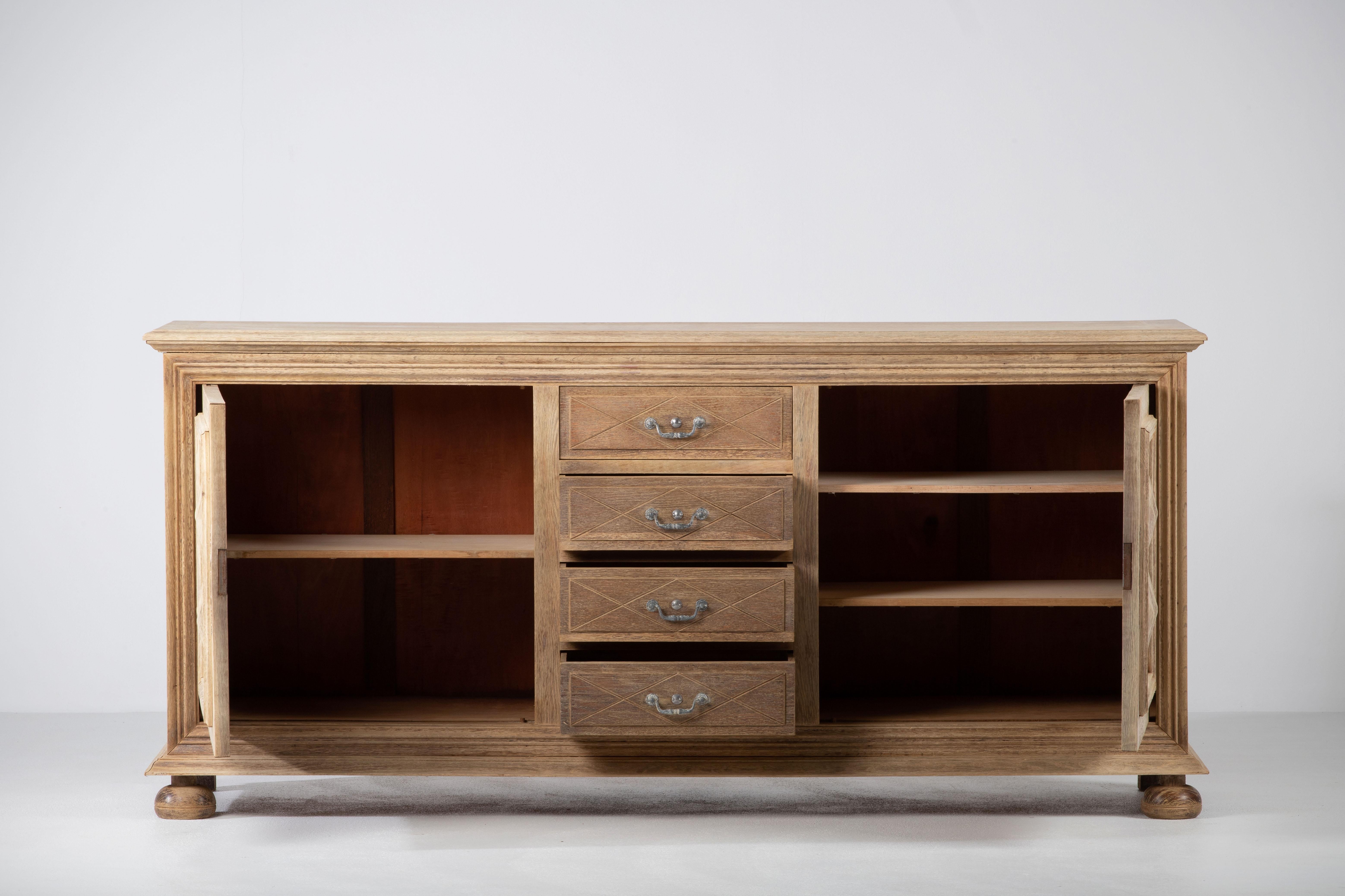 Art Deco Solid Oak Credenza with Graphic Details, France For Sale