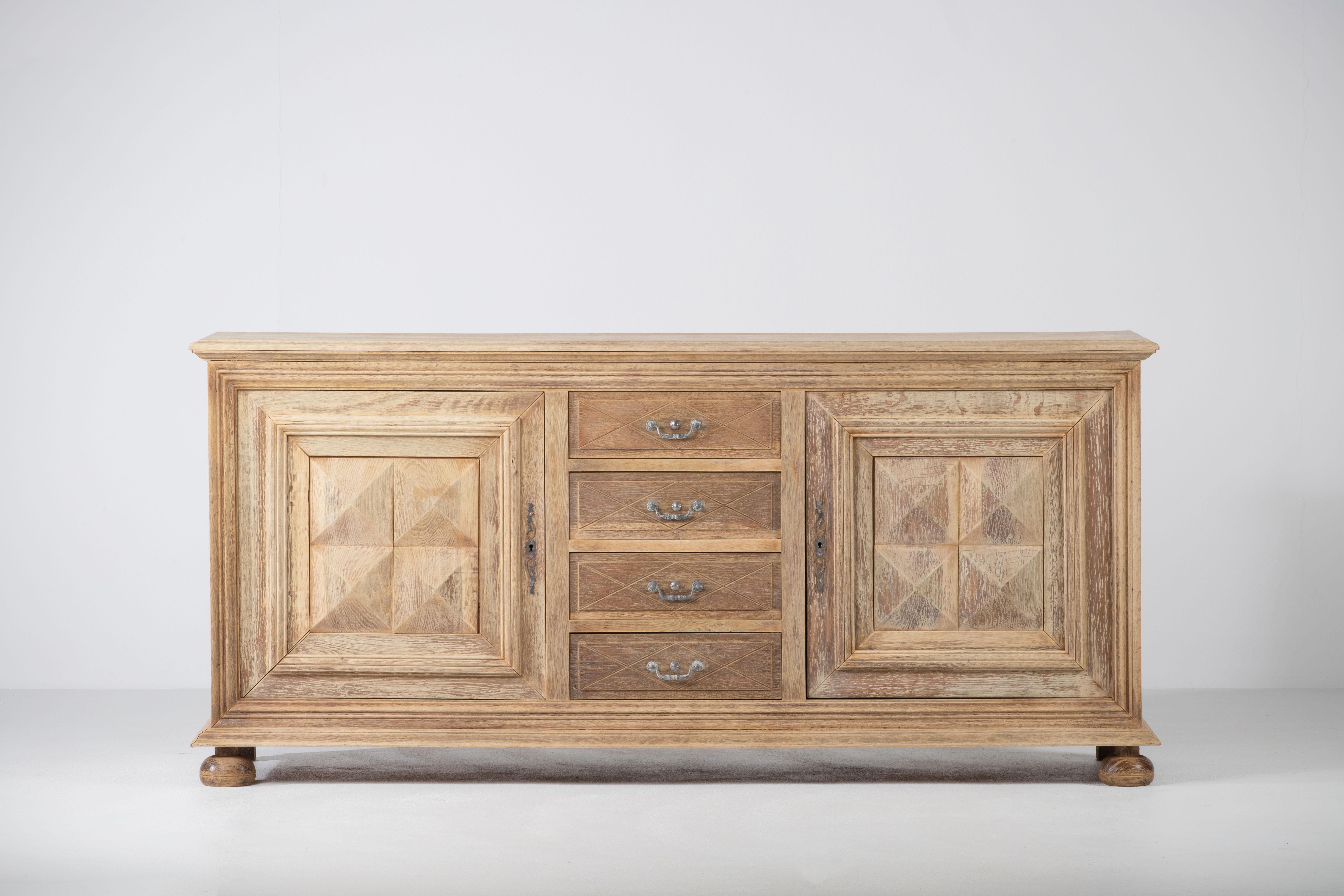 French Solid Oak Credenza with Graphic Details, France For Sale