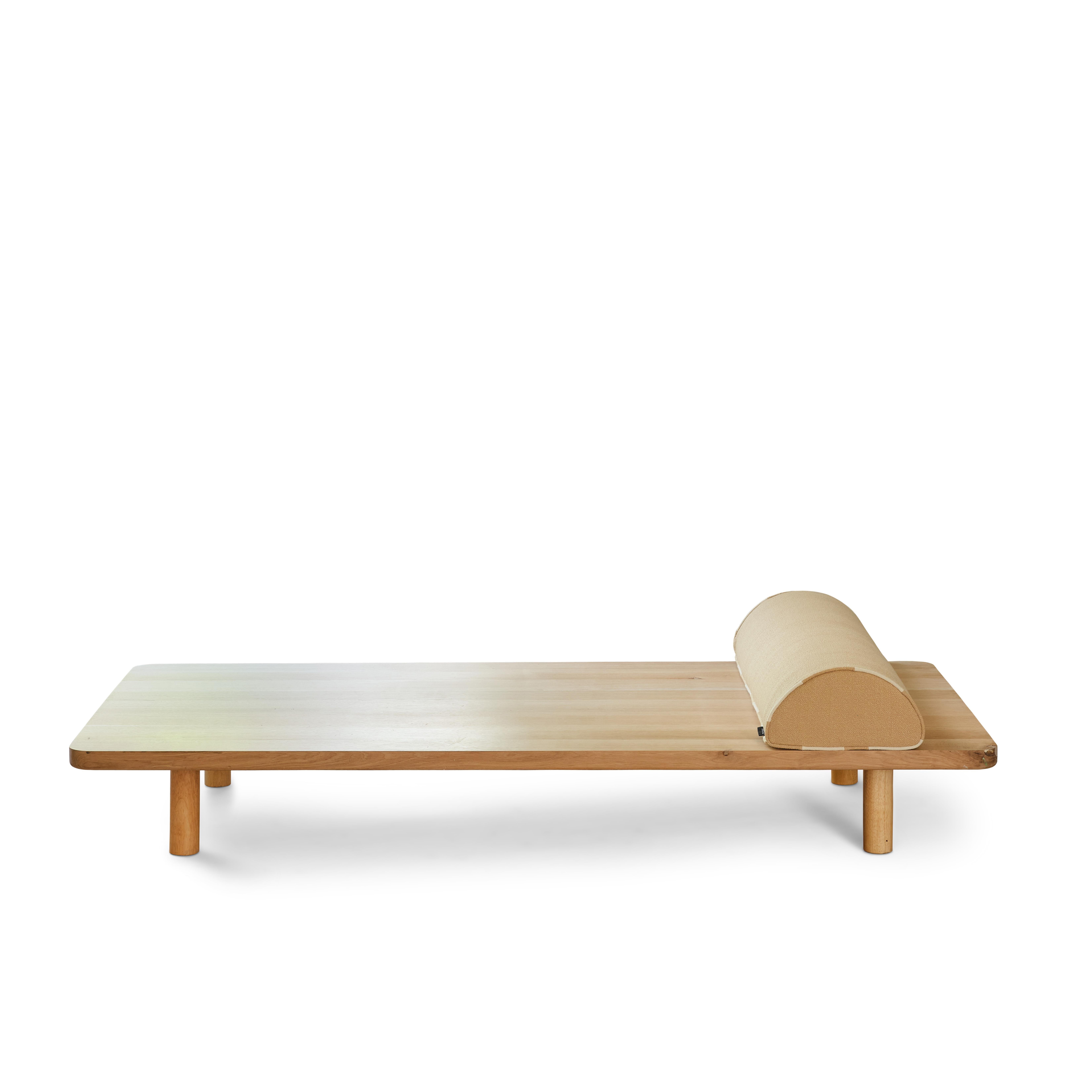 Needlework Solid Oak Day Bed, Modern Textile Matress and Bolster Cushions For Sale